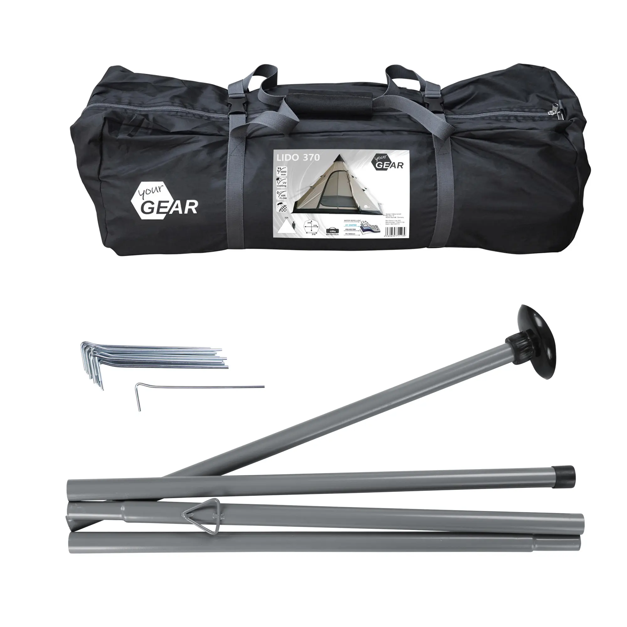 your GEAR Lido 370 tipi tent set for 4 people, shown with black carry bag, metal poles, and tent pegs; features waterproof material, sewn-in groundsheet, and insect protection. Ideal for camping and family use.