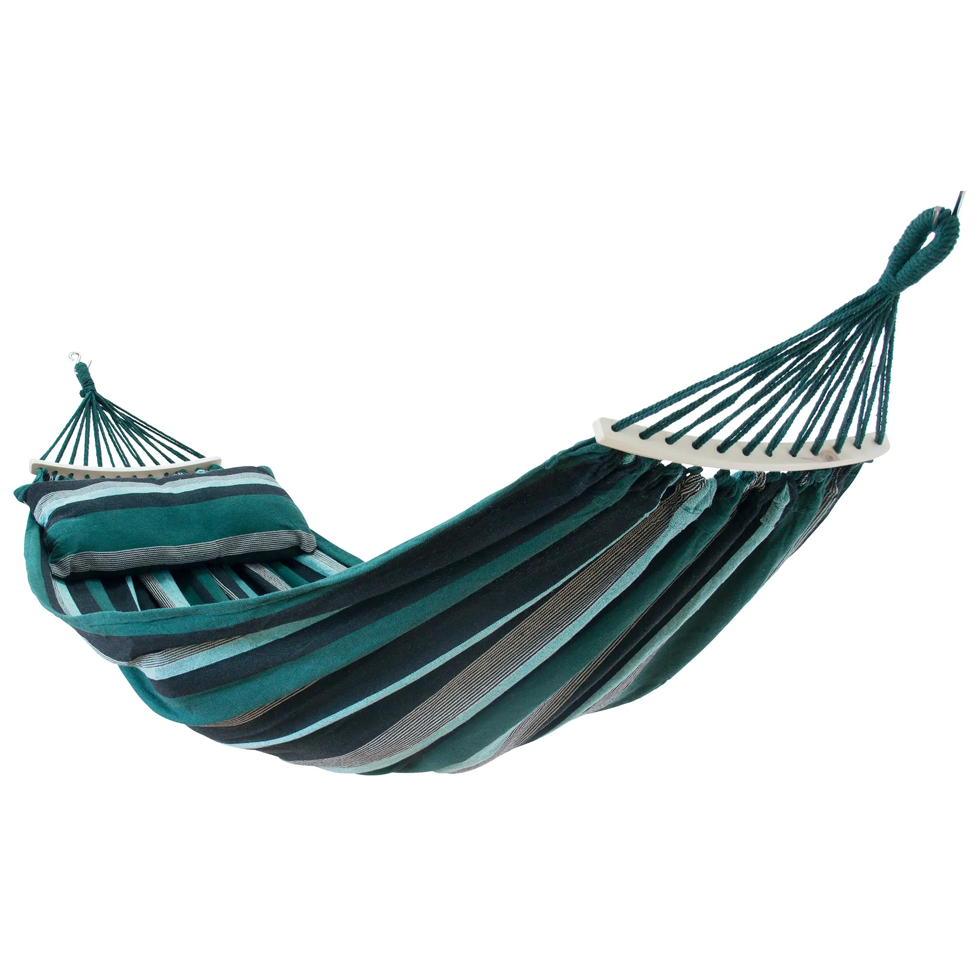 Hamac yourGEAR Bali Smaragd 220x120cm en coton, rayé vert et bleu, avec barres d’écartement, coussin assorti et système de fixation, capacité 240kg, pour intérieur et extérieur.