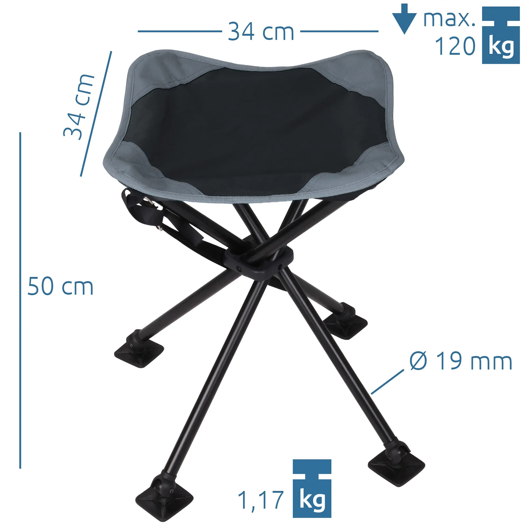 Sgabello da campeggio your GEAR Sesto con 4 gambe stabili, seduta 34x34 cm, altezza 50 cm, piedini larghi, tubo Ø 19 mm, portata fino a 120 kg, peso 1,17 kg, per outdoor e campeggio.
