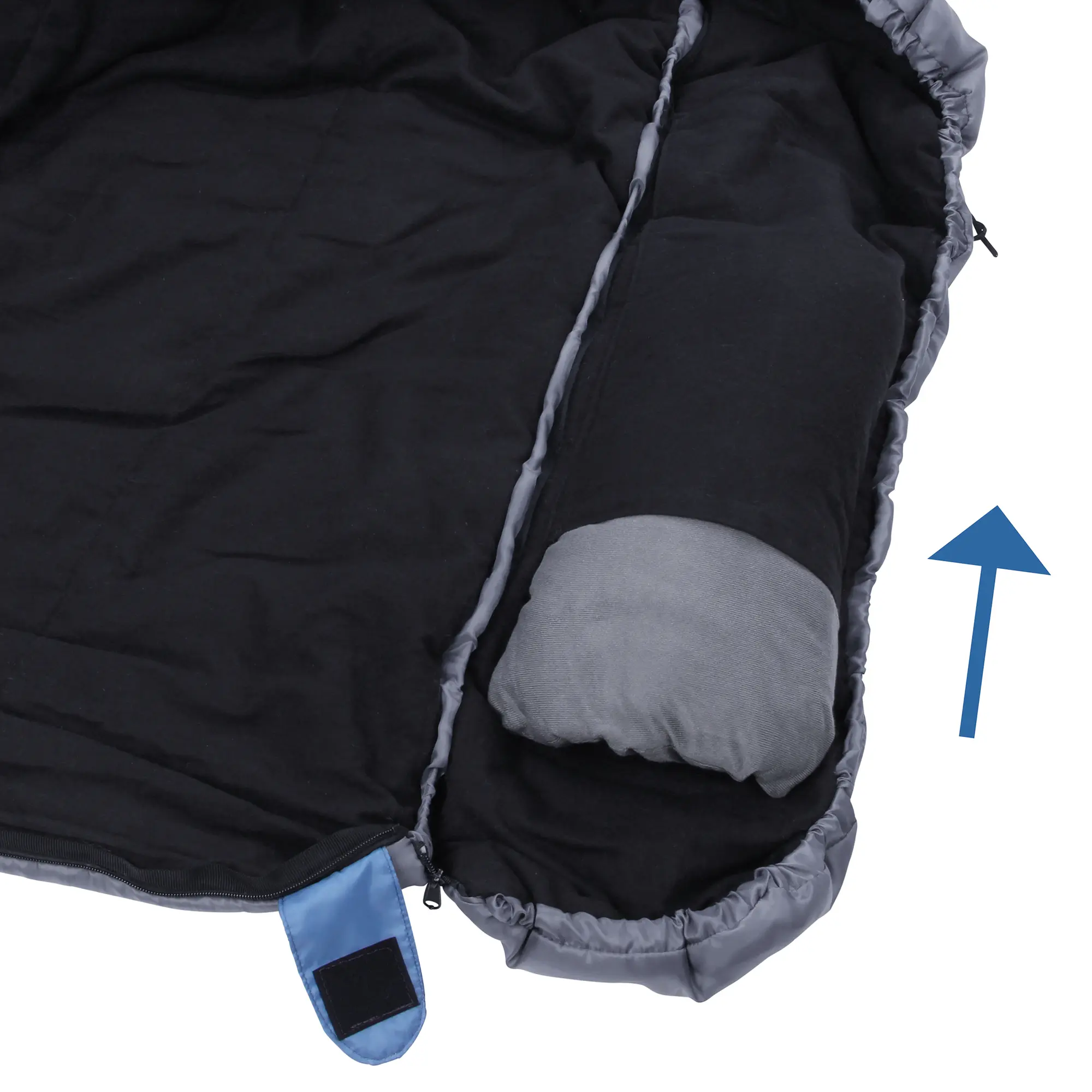 yourGEAR XXL Schlafsack Sumatra in Blau-Grau, geöffnet mit abnehmbarem Kopfteil, Flanell-Innenfutter aus Baumwolle, doppellagig, Detailansicht des Kompressionspacksacks und Reißverschluss.