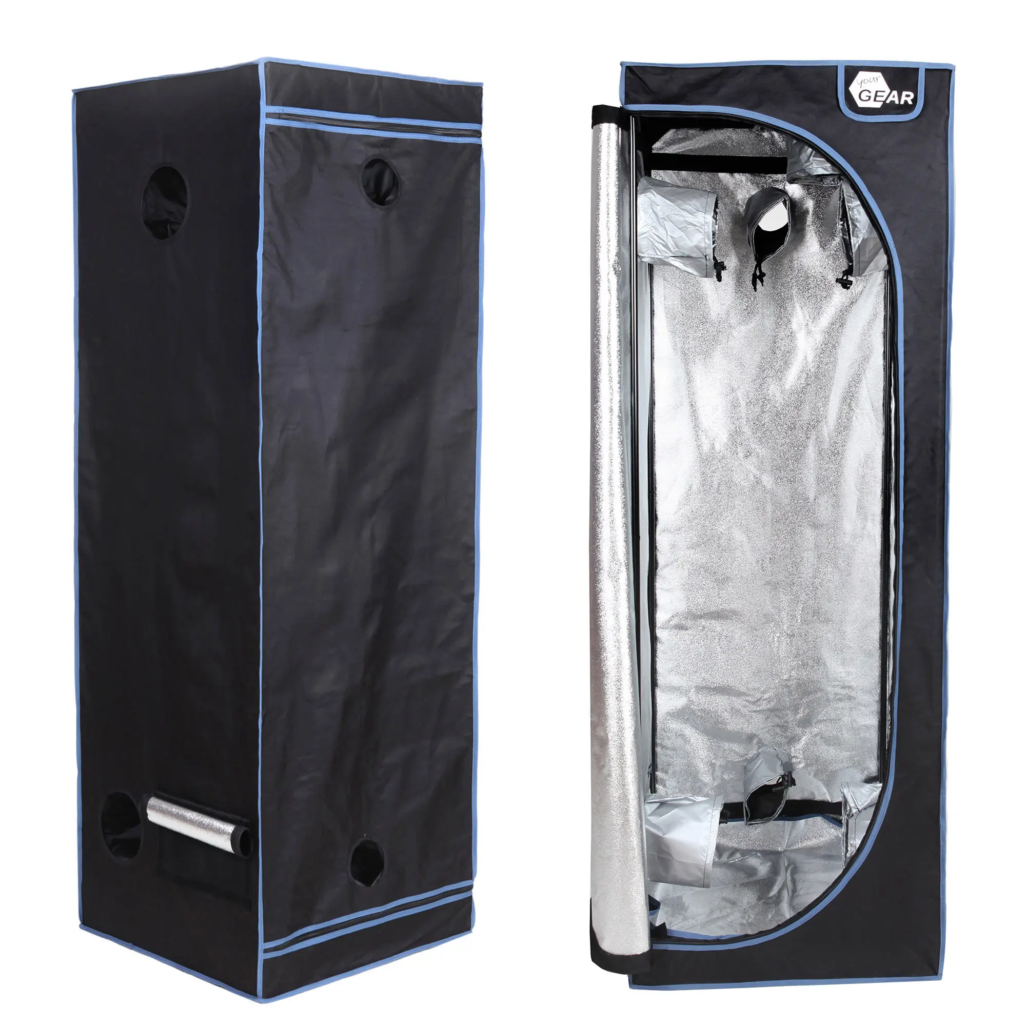 yourGEAR Grow Tent Plantsville 60x60x180 cm, black indoor greenhouse with blue trim, multiple ventilation ports, reflective silver interior, shown closed and open for hydroponic plant cultivation.