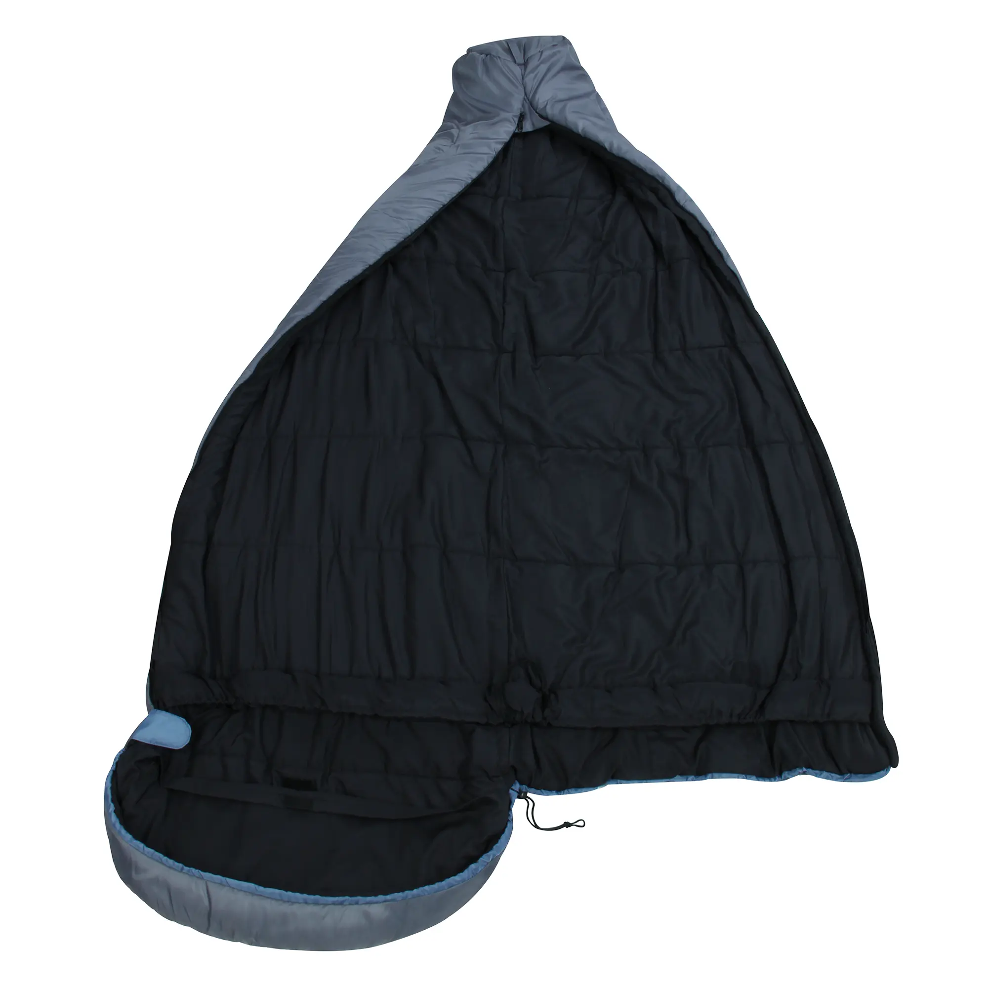 yourGEAR Schlafsack Sirocco, Mumienschlafsack 230x80 cm, offen ausgebreitet, in Blau und Grau, mit Kapuze und doppellagiger Fütterung, geeignet für 3-4 Jahreszeiten, Camping und Outdoor-Einsatz.