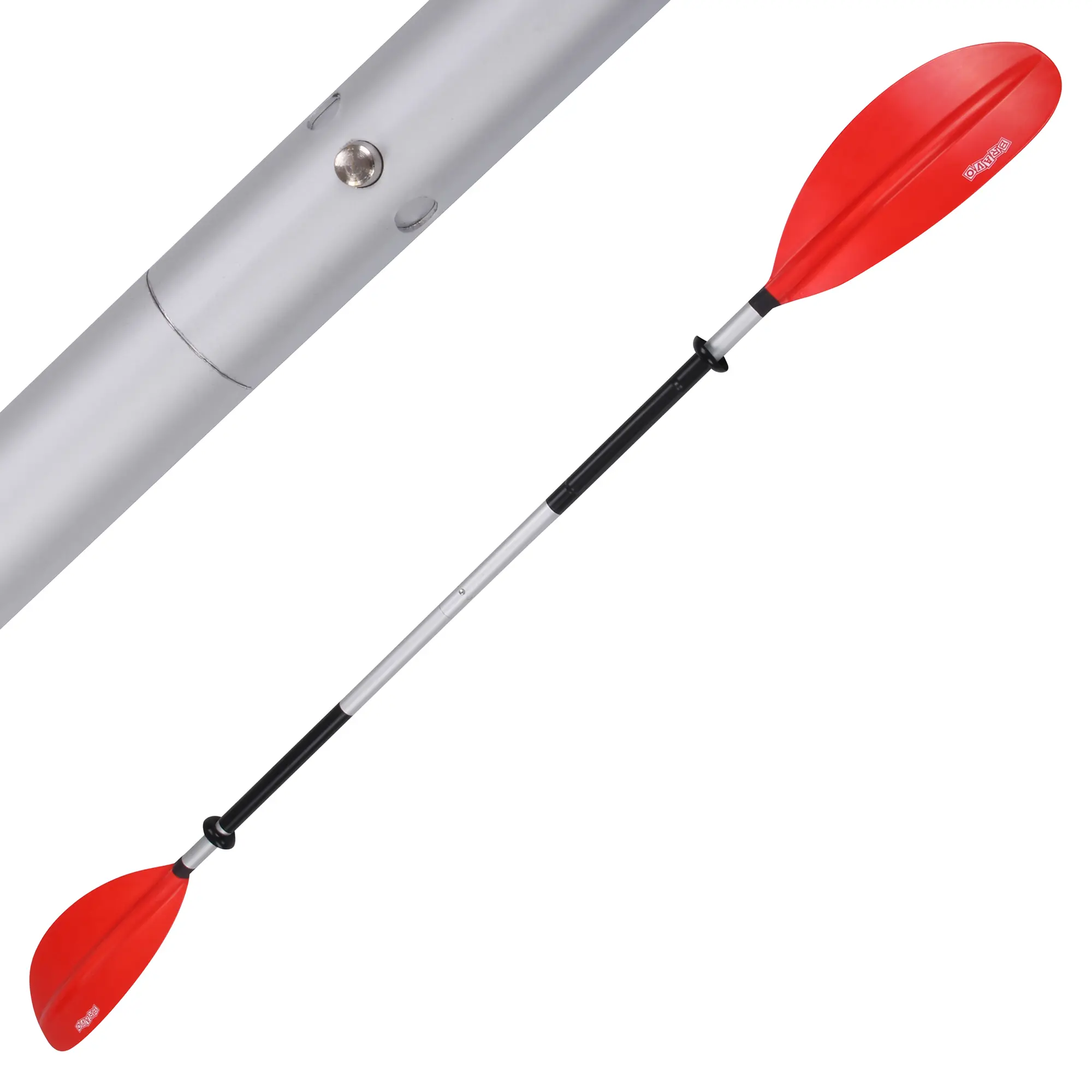 Pagaia da kayak con pale rosse e manico in alluminio, dettagliata con un primo piano della giuntura centrale.