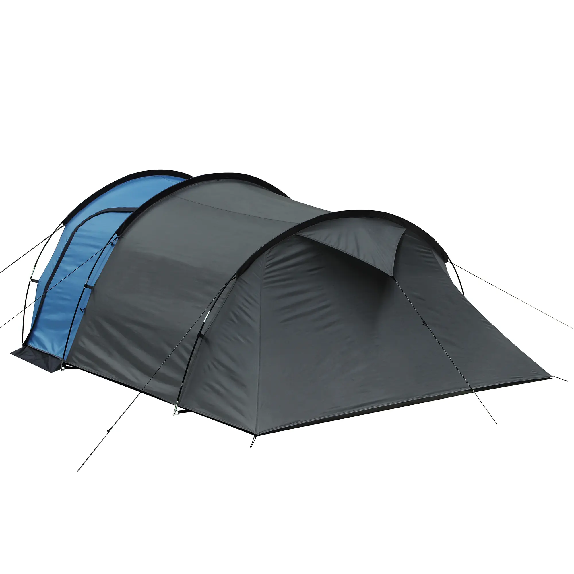 Tunnelzelt your GEAR Sopero 4 für 4 Personen, mit seitlichem Eingang, großen Fenstern und wasserdichtem Material (5000 mm). Geräumiges Campingzelt in Grau mit blauem Bereich und abgerundeter Tunnelkonstruktion.