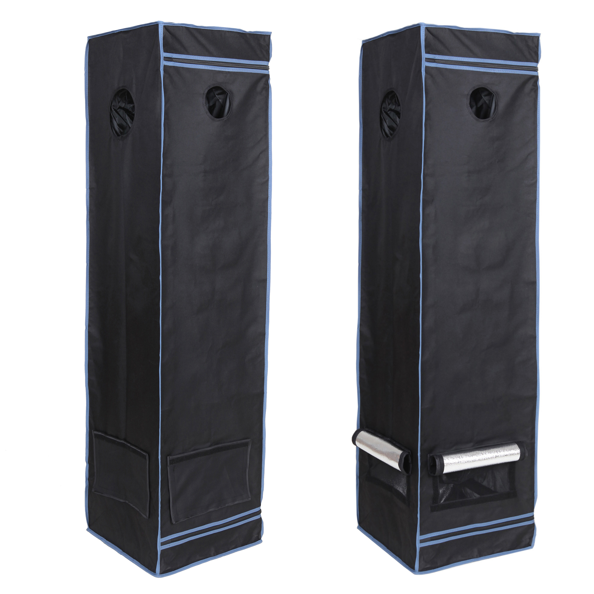Schwarzes yourGEAR Growzelt Plantsville, rechteckige Form, Maße 40x40x160 cm, blaue Kanten, runde Belüftungsöffnungen und Sichtfenster, geeignet als Indoor-Gewächshaus für Pflanzenanzucht in Innenräumen.