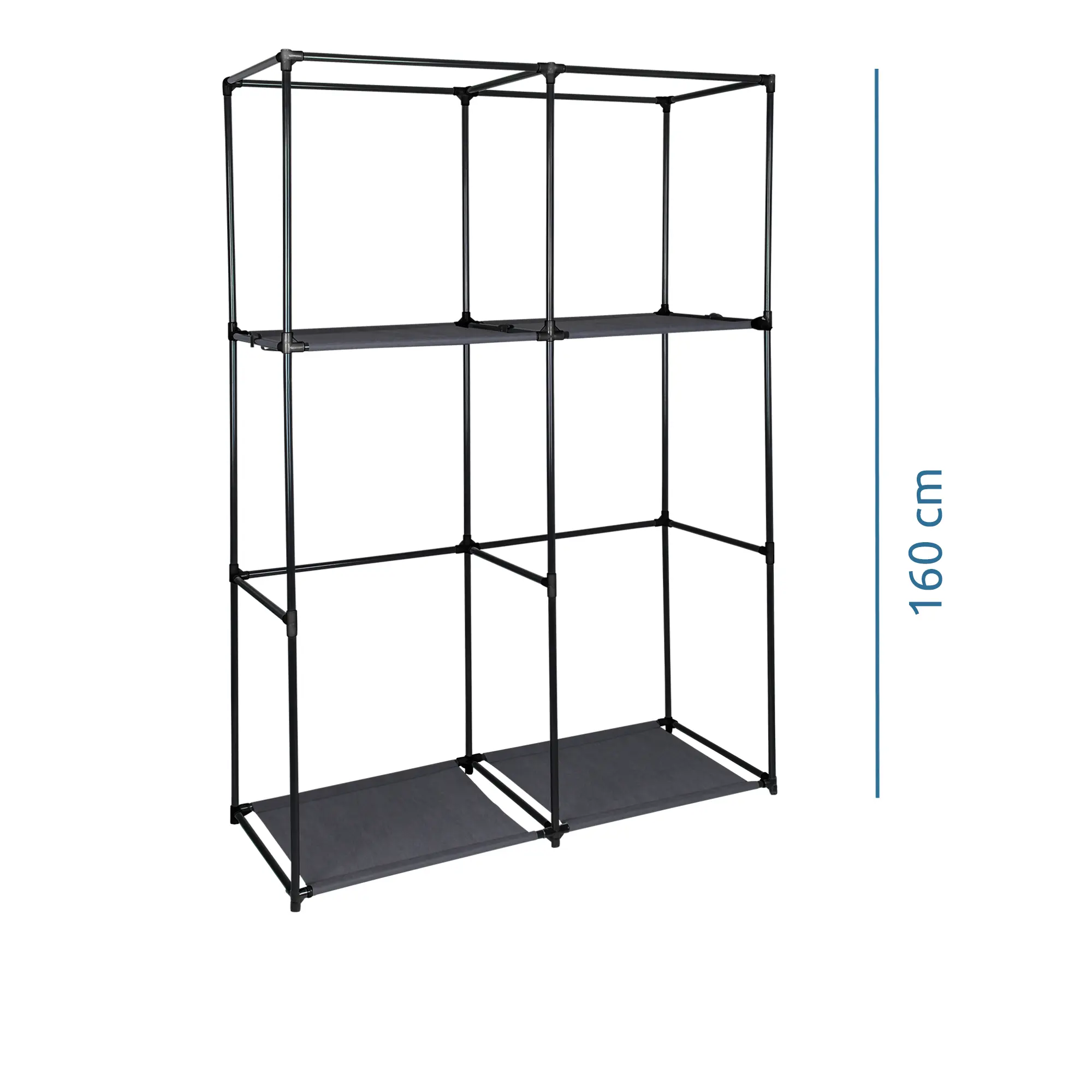 yourGEAR Grado fabric wardrobe frame, 108x45x175 cm, shown without cover. Features two hanging rails, four shelves, black metal frame, and grey fabric shelves. Ideal for clothes and accessory storage.