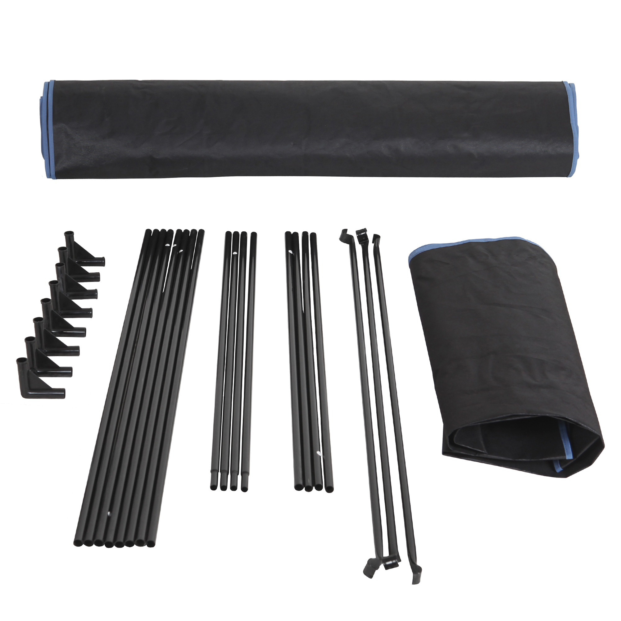 Einzelteile des yourGEAR Growzelts Plantsville 120x120x200 cm: schwarze Metallstangen, Eckverbinder und zusammengefaltete schwarze Zeltplane, ideal für den Indoor-Pflanzenanbau und als mobile Growbox.