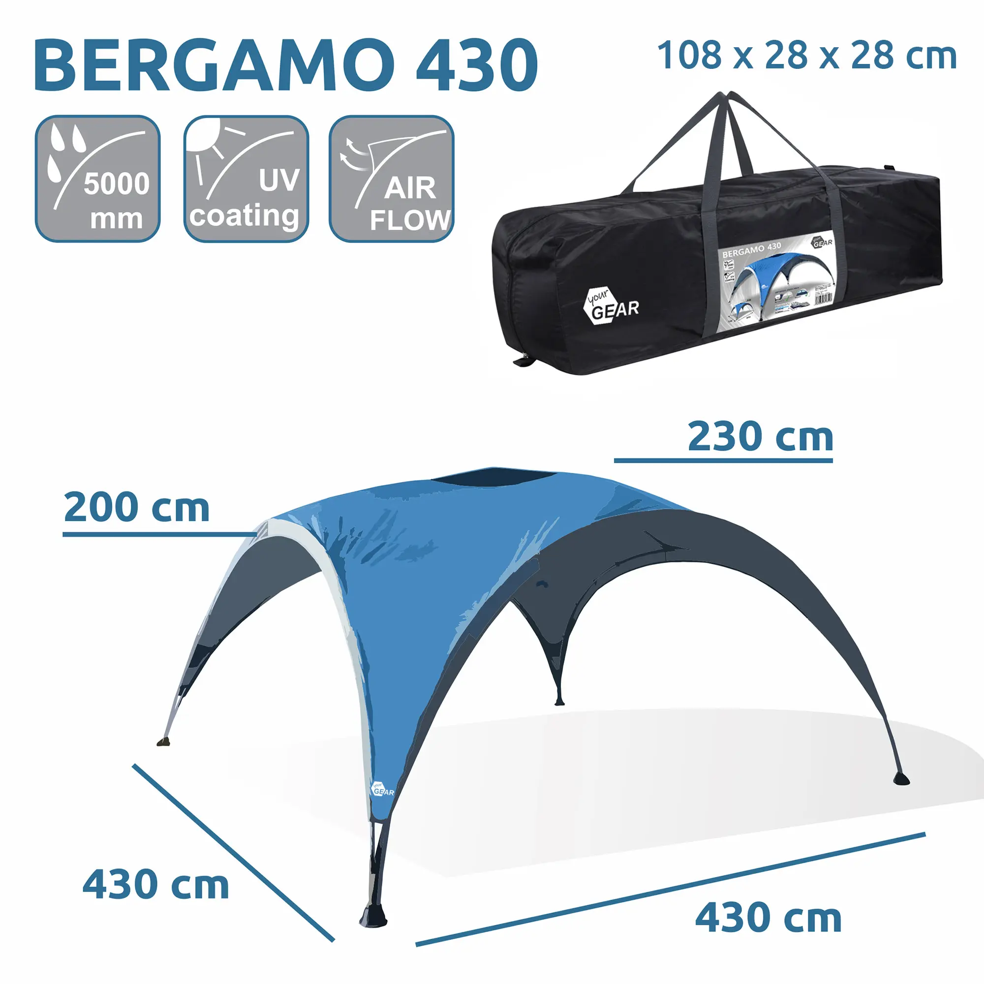 Pavillon your GEAR Bergamo 430, 430x430x230 cm, blaue UV 50+ Plane, stabiles Stahlgestänge, wasser- und wetterfest, inkl. Transporttasche 108x28x28 cm, ideal als Eventpavillon oder Busvorzelt.