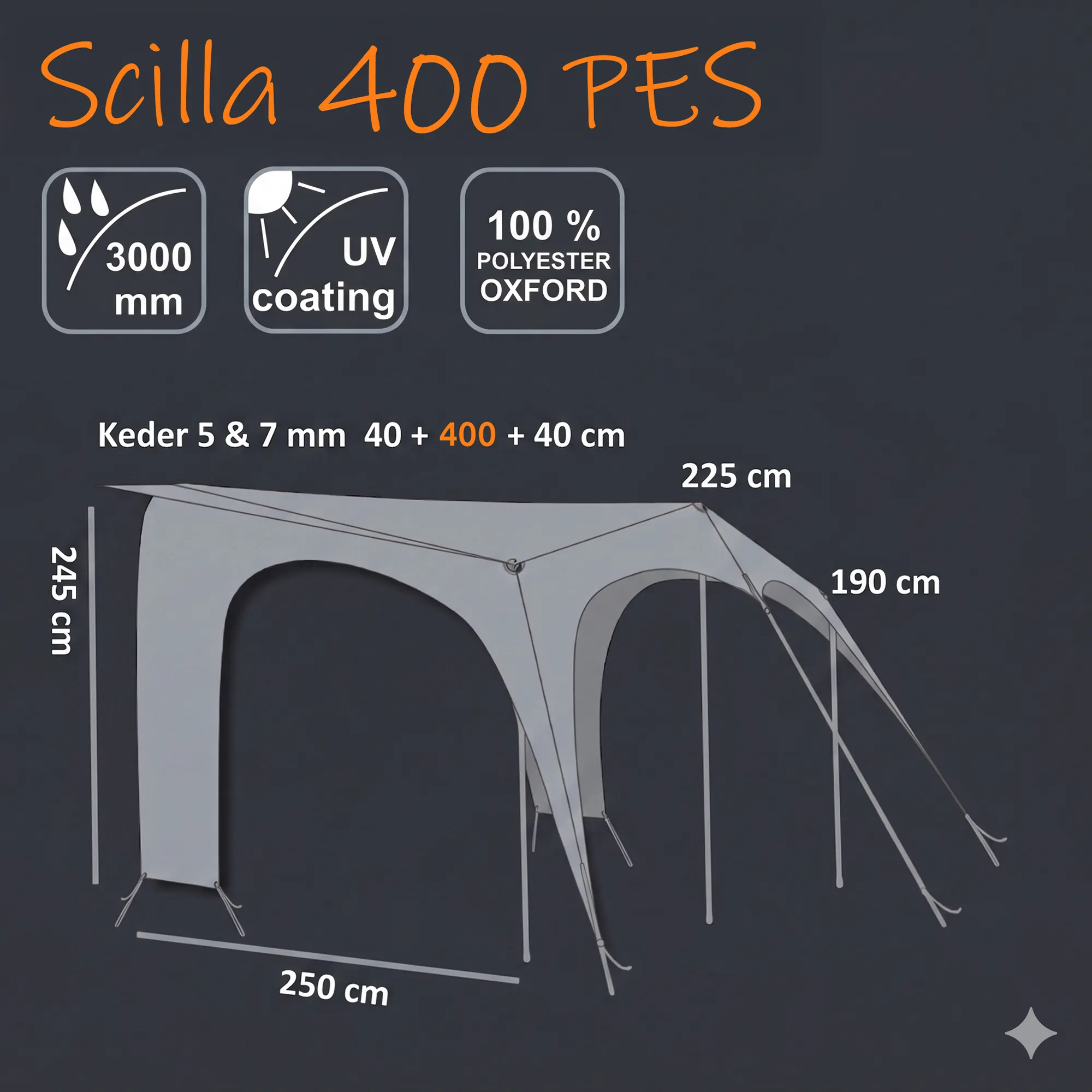 your GEAR Scilla PES 400x250 caravan sunroof porch illustration showing grey polyester oxford awning with poles, 3000mm waterproof rating, UV coating and dimensions (250x225x190cm) for caravan/motorhome use