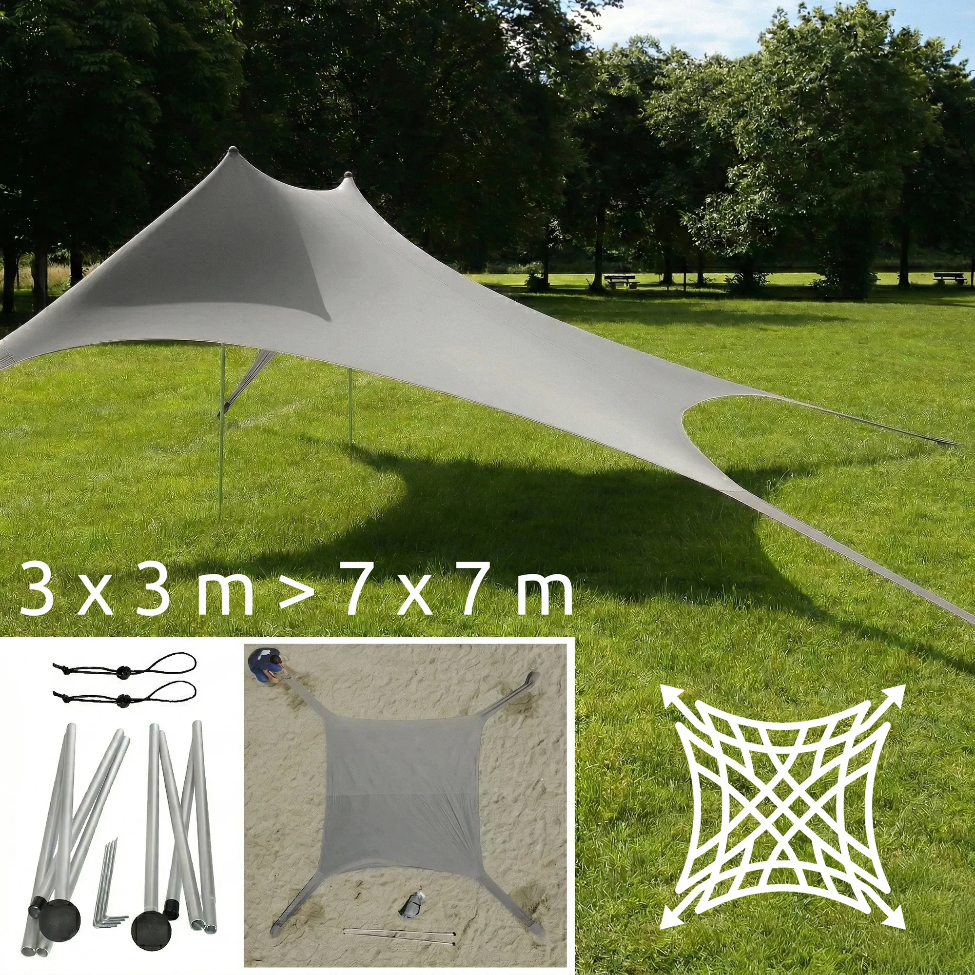 Grande voile d'ombrage your GEAR Cameo gris clair en Lycra, forme carrée 3x3 m étirée sur 4 poteaux et haubans, protégeant du soleil UV50+, posée sur pelouse avec sac de transporte et piquets visibles.