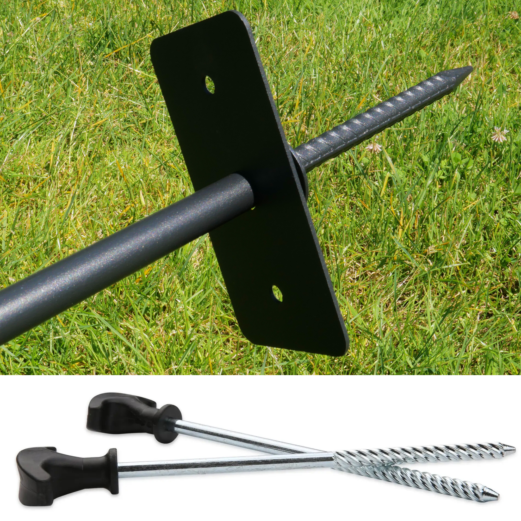 Palo di fissaggio in metallo nero per recinto mobile your GEAR Larino 400, con piastra rettangolare e due picchetti a vite in metallo con manico nero, ideale per montaggio sicuro su prato.