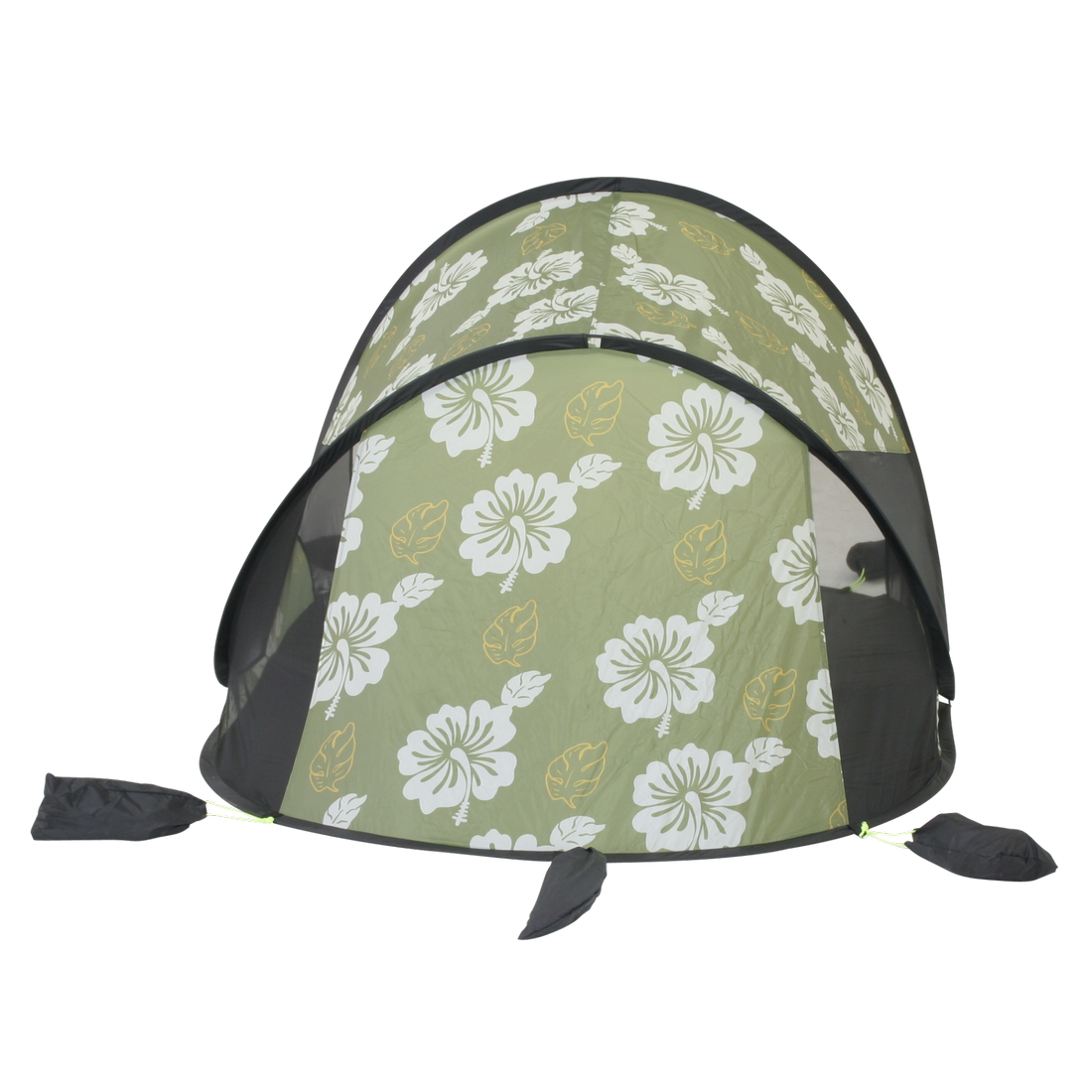 10T Pop Up Strandmuschel Flower XL, olivgrün mit weißen und gelben Blumenmotiven, UV 50+ Sonnenschutz, Bodenplane, große Öffnung, Sandtaschen an den Ecken, geeignet für 2 Personen, leichtes Wurfzelt.