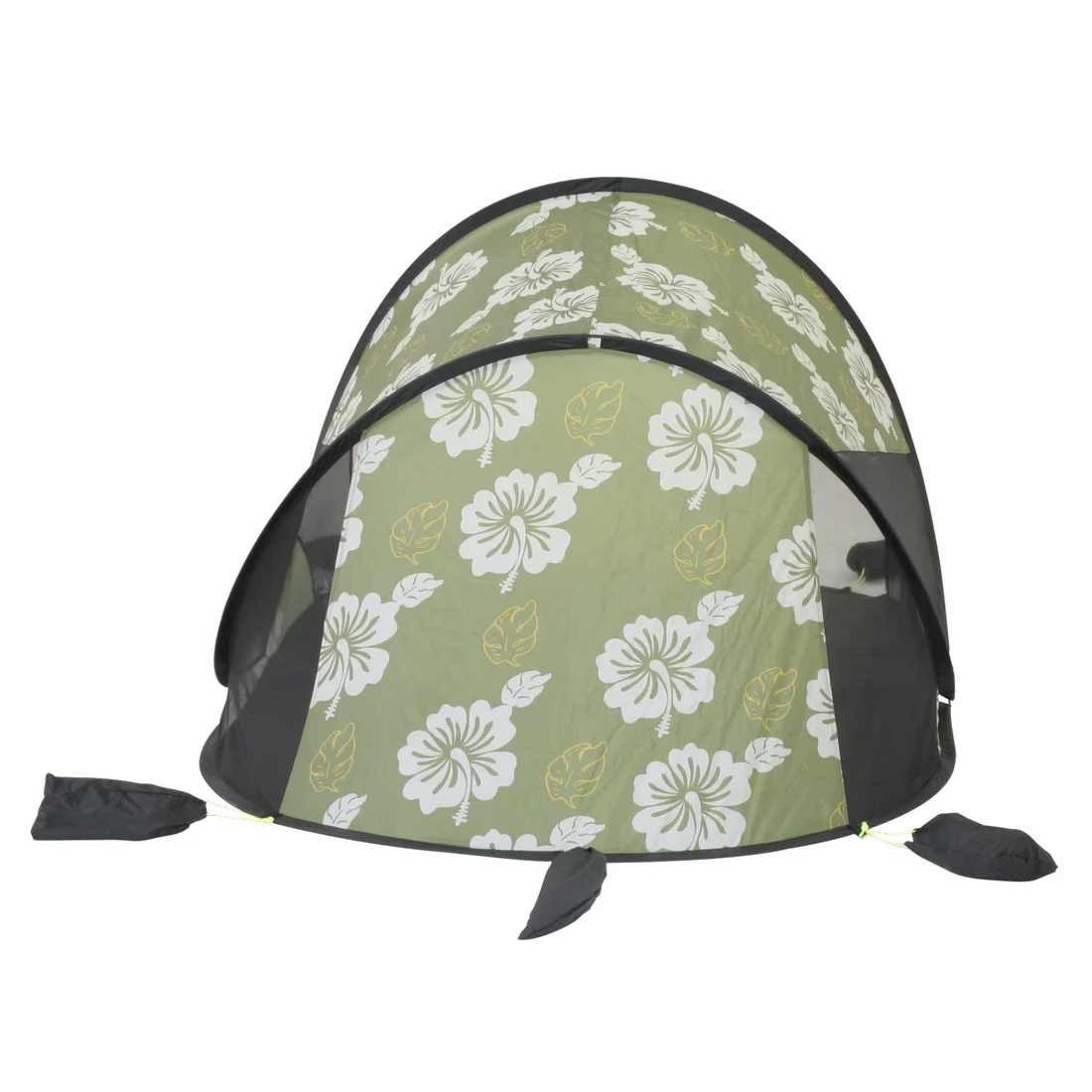 10T Pop Up Strandmuschel Flower XL, olivgrün mit weißen und gelben Blumenmotiven, UV 50+ Sonnenschutz, Bodenplane, große Öffnung, Sandtaschen an den Ecken, geeignet für 2 Personen, leichtes Wurfzelt.