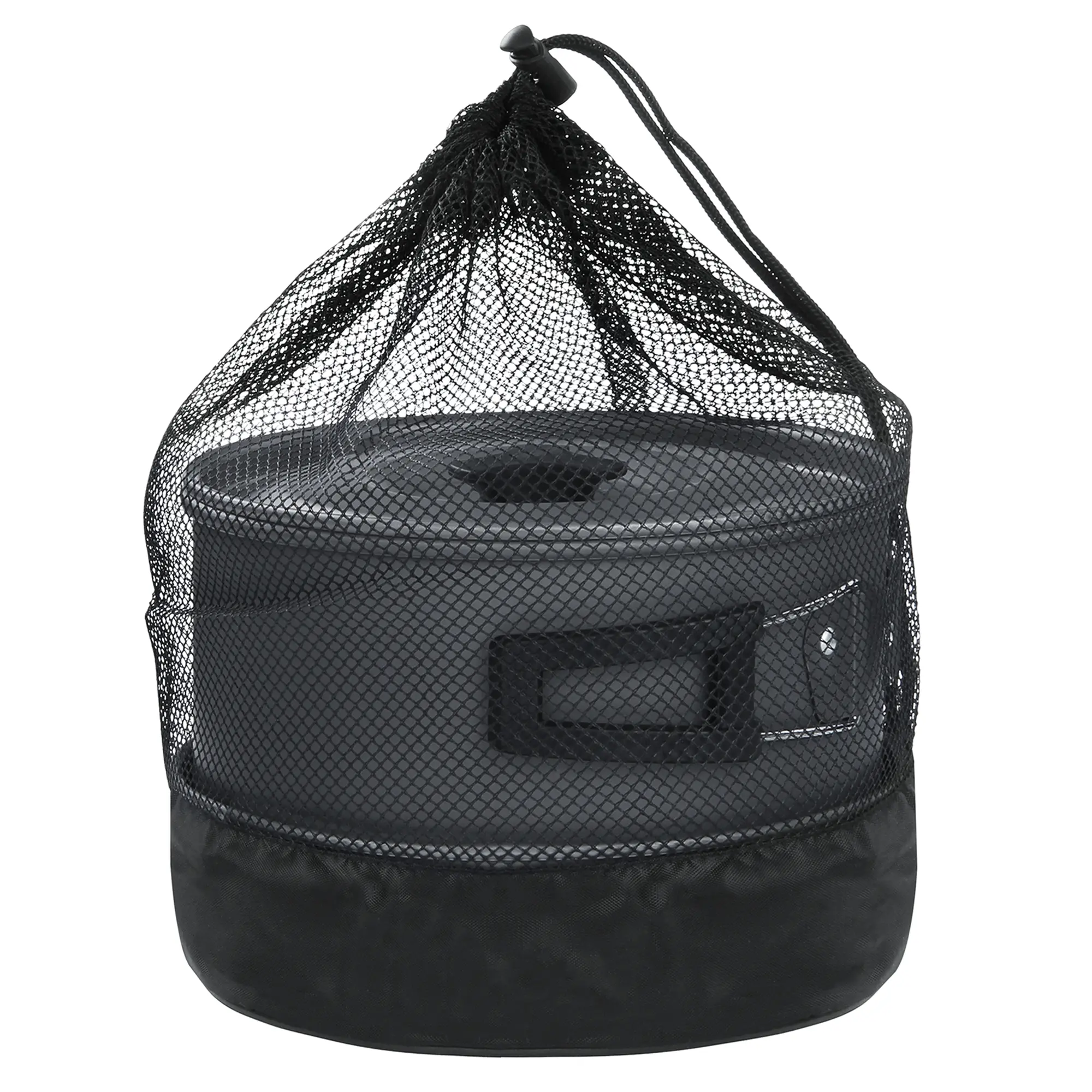 your GEAR Ranger V cookware set for 4-5 people, 7-piece camping pot and pan set, compactly packed in a black mesh bag with visible handles and lids, ideal for outdoor cooking.