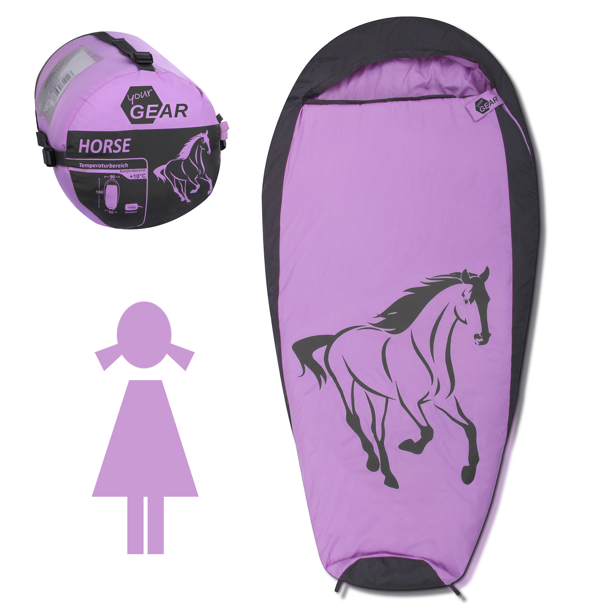 2nd Chance - your GEAR Kinderschlafsack Horse Mumienschlafsack 180x90 cm Sommerschlafsack 300 g/m² Rosa Grau warm(71029)