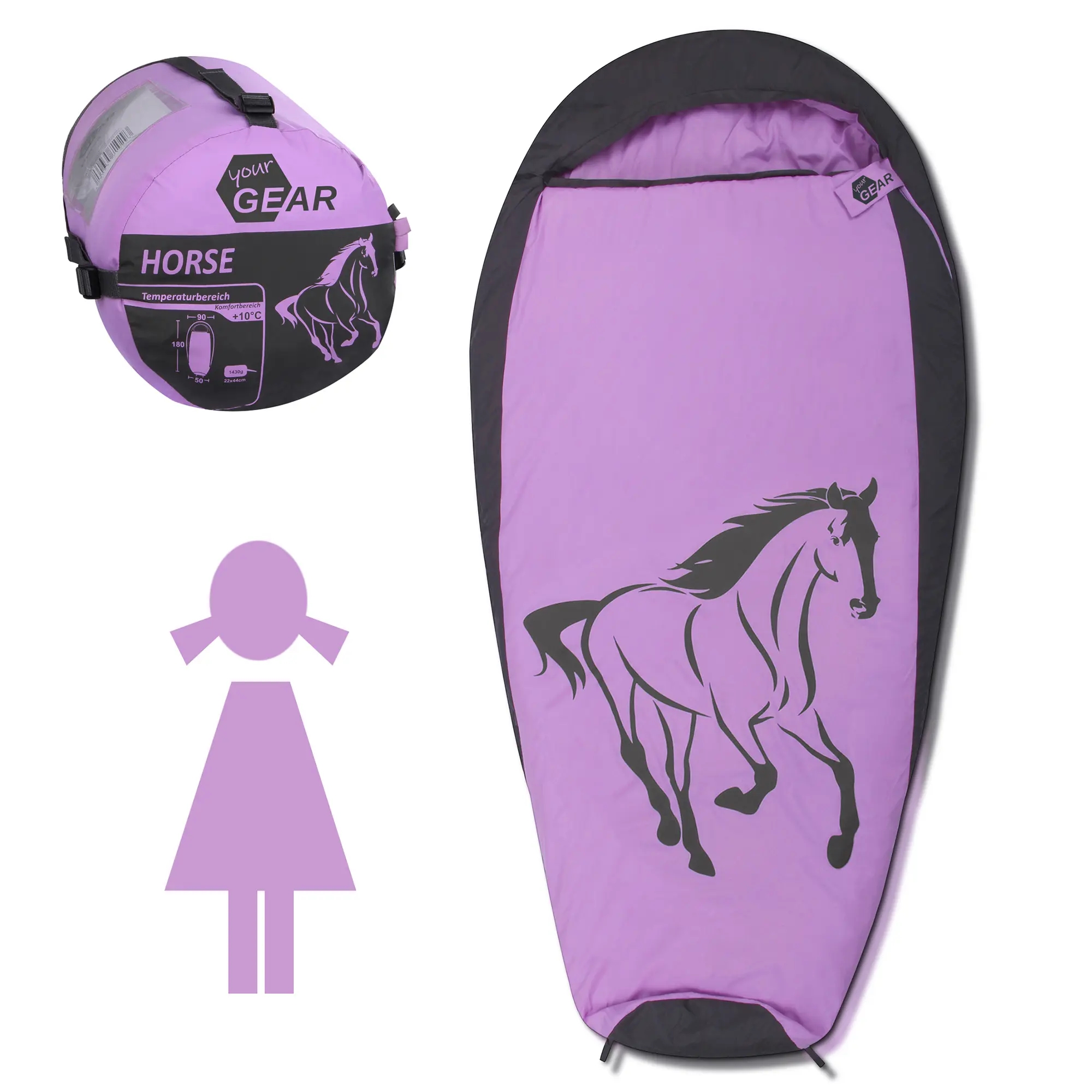 yourGEAR kids’ mummy sleeping bag Horse, 180x90 cm, pink and grey, with large horse motif, soft-touch material, extra warm 300g/m² filling, shown with carry bag and girl icon, ideal for girls.