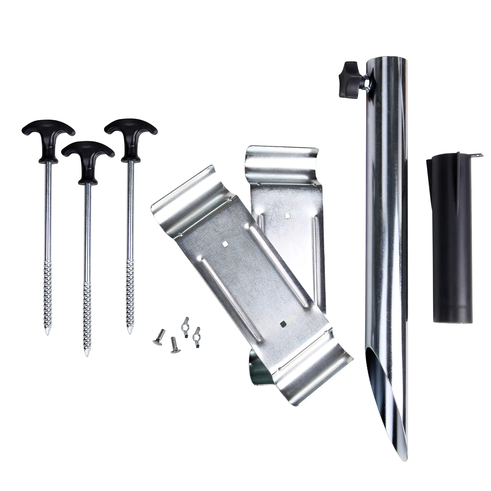 Accesorios para your GEAR Siena Caravan: soporte metálico para rueda de apoyo, tubo de aluminio, tres piquetas con asas negras, pieza plástica negra y tornillos, ideal para instalar tendedero en caravana.