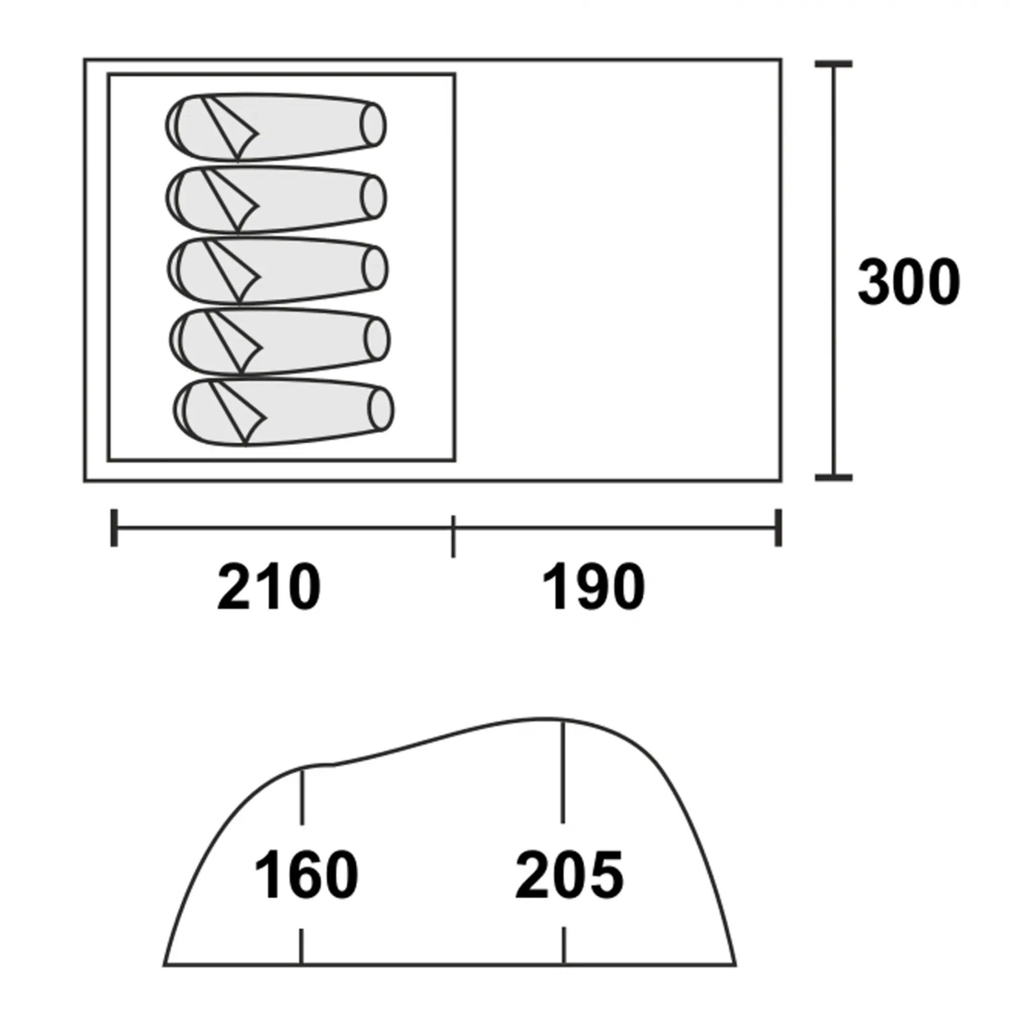Plano esquemático del Fridani DTG 5 Mann Zelt: vista superior con espacio para 5 personas en sacos de dormir, dimensiones 300x400 cm, alturas interiores de 160 y 205 cm, ideal para camping familiar.