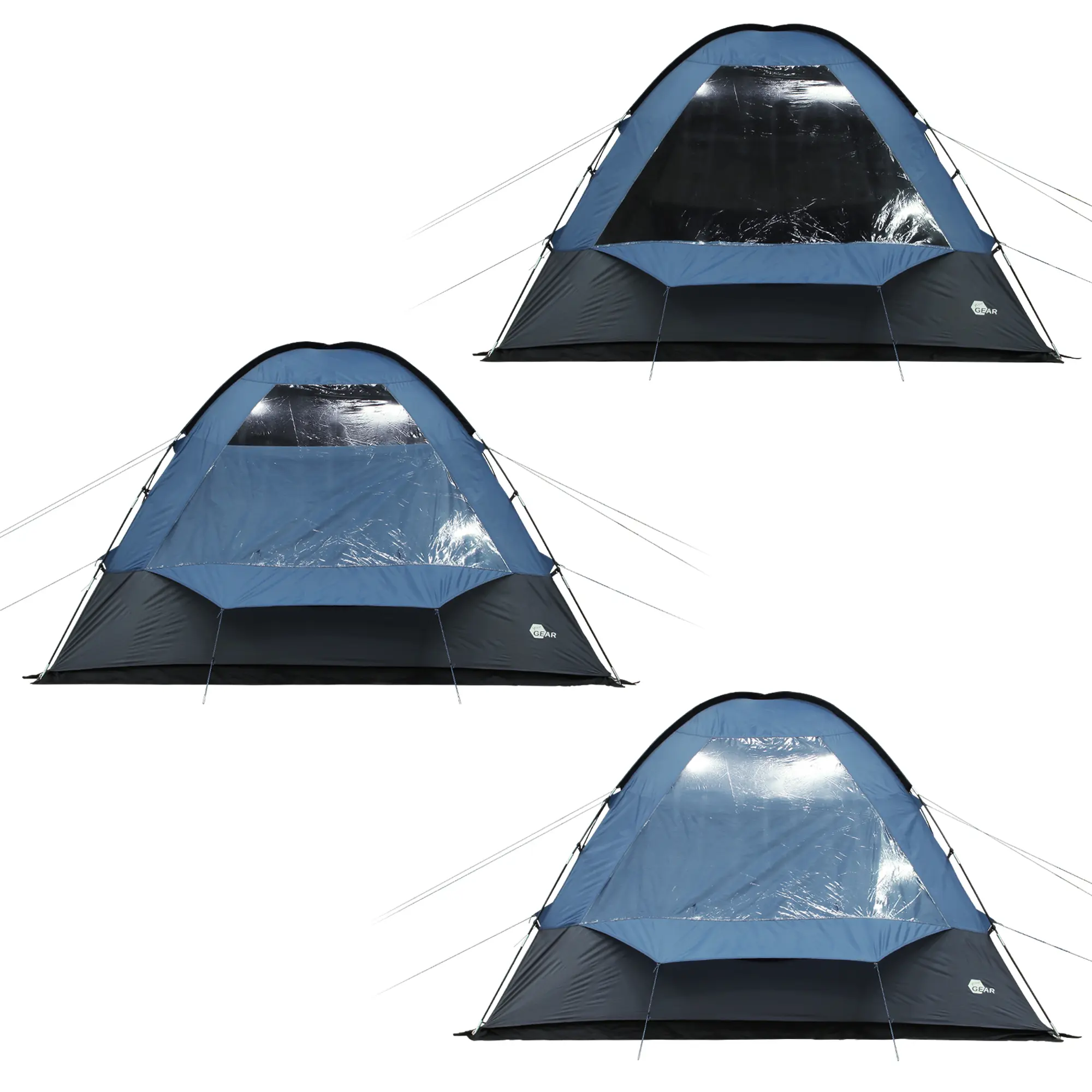 Blau-graues your GEAR Chinook 4 Personen Kuppelzelt mit großem Wohnraum, Stehhöhe und Fenstern, abgebildet in drei Ansichten mit verschiedenen Fensteröffnungen, geeignet als Familienzelt für Camping.