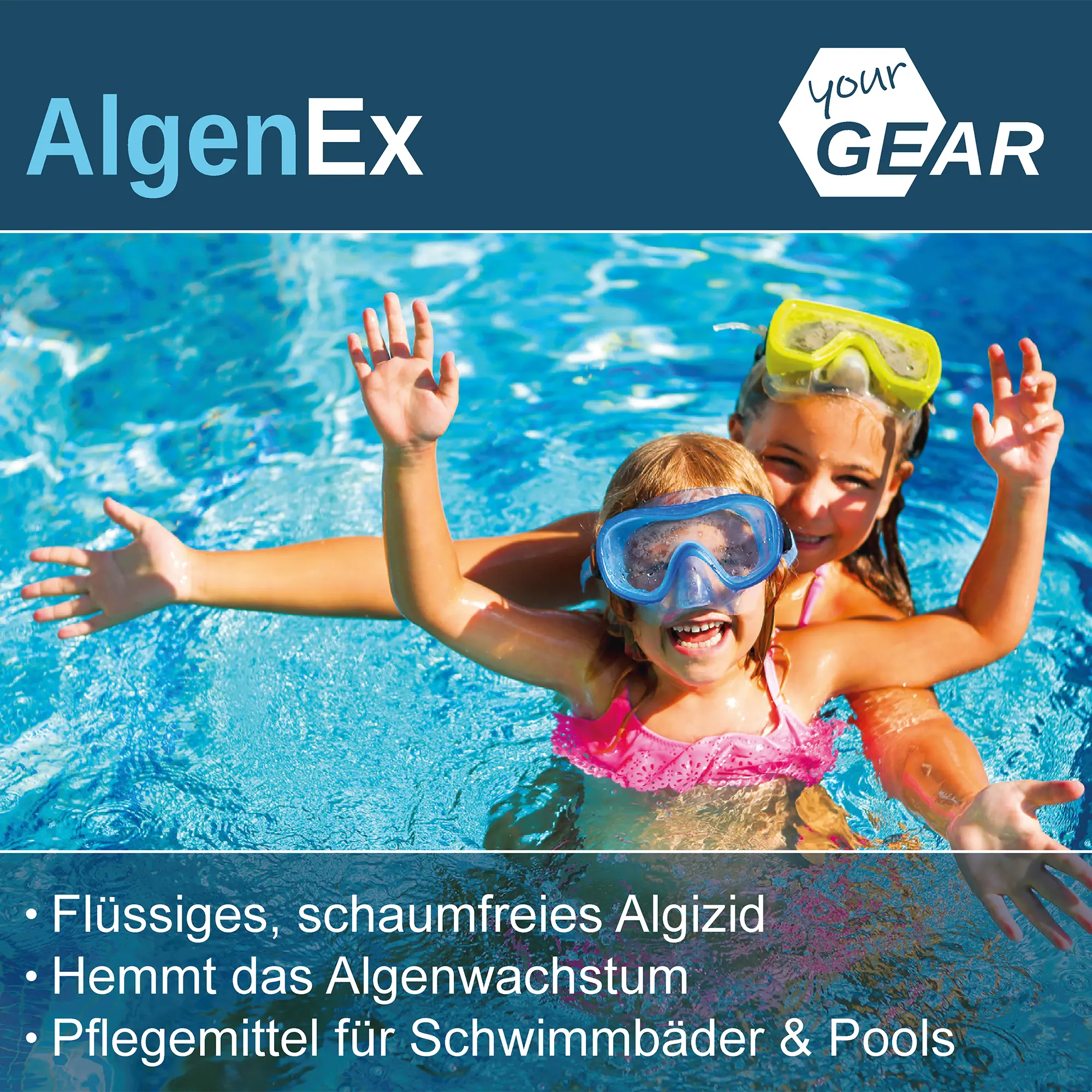 Envase de yourGEAR 3L AlgenEx, algicida líquido, concentrado y sin espuma, ideal para mantener el agua de piscinas clara; imagen de niños nadando y texto sobre la prevención del crecimiento de algas.