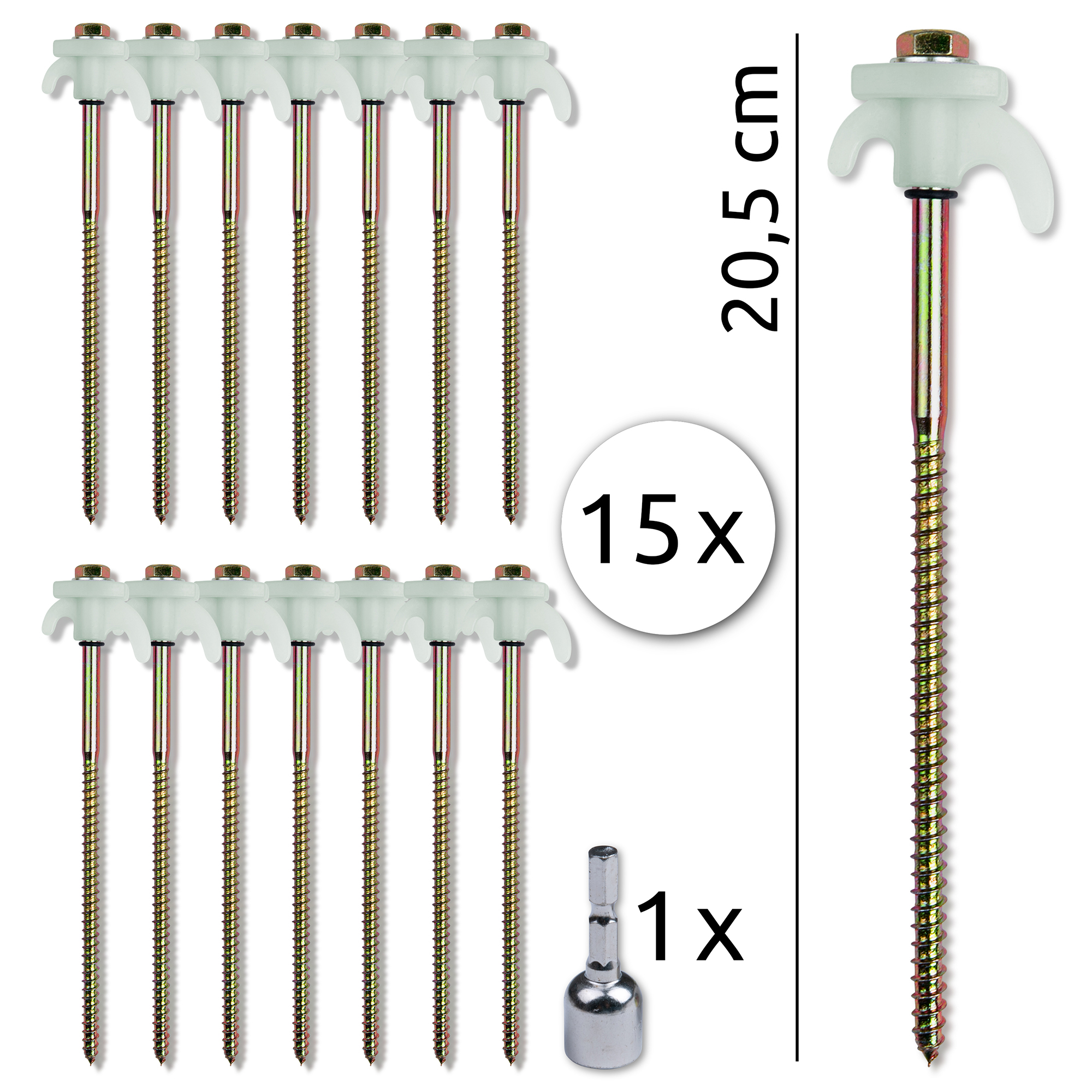 15 your GEAR Screw 200 Schraubheringe aus Stahl mit fluoreszierendem Kunststoffkopf, 20,5 cm lang, Sechskantkopf, inklusive 13 mm Bit; ideal für Zelte, harten Boden und Camping.