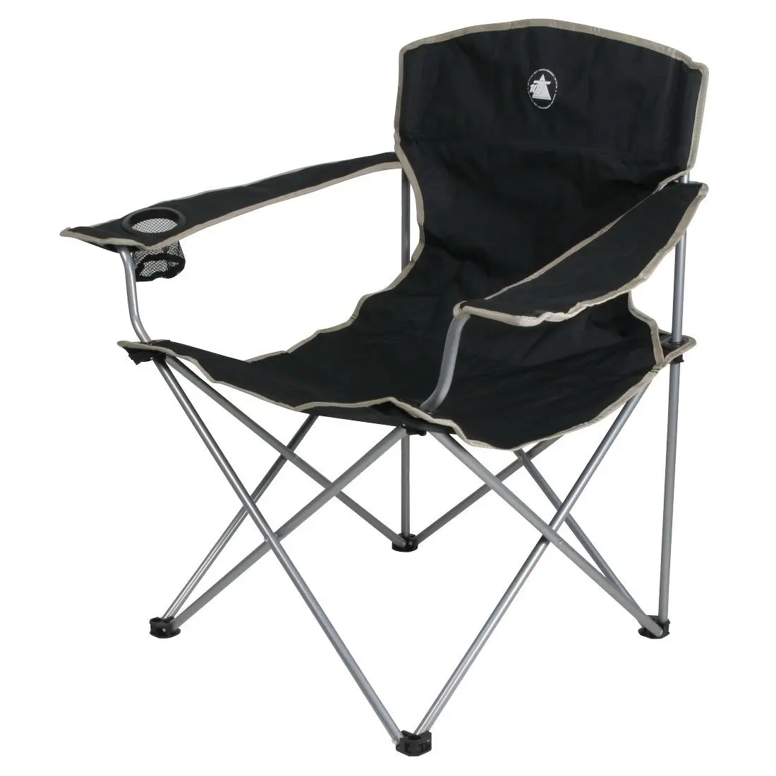 Faltbarer 10T Campingstuhl Quickfold Easy in Schwarz mit Armlehnen, integriertem Getränkehalter, stabilem Metallgestell und gepolsterter Rückenlehne, belastbar bis 120 kg, ideal für Outdoor-Aktivitäten.