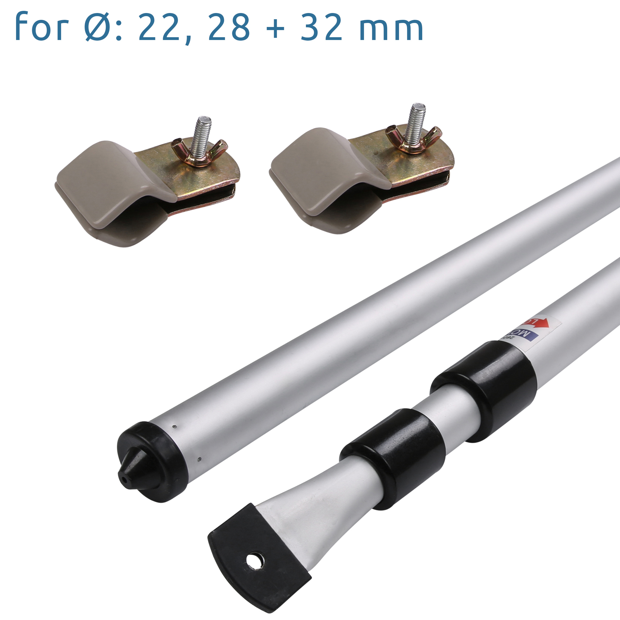 Par de barras telescópicas plateadas para toldo/caravana (108–260 cm) con extremos de goma negro, cierre ajustable y dos abrazaderas gris-beige con tornillo; compatibles con tubos Ø22/28/32 mm.