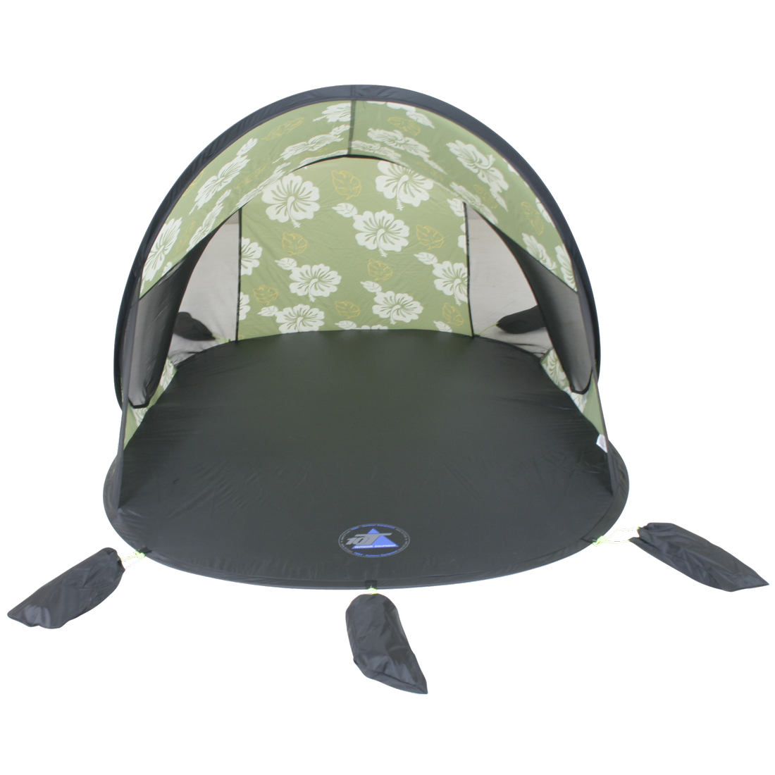 Pop Up Strandmuschel 10T Flower XL für 2 Personen, grün mit Blumenmuster, UV 50+ Sonnenschutz, mit Bodenplane, seitlichen Netzfenstern, Sandtaschen und Packsack, ideal als Wind- und Sonnenschutz am Strand.