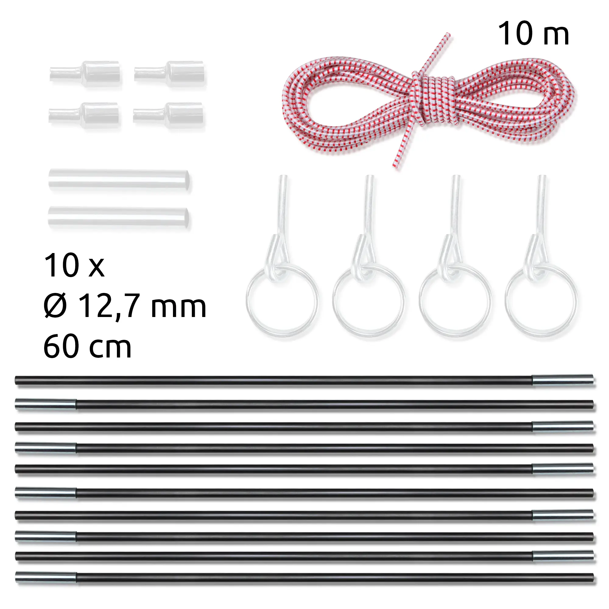 Set de réparation de mâts de tente your GEAR FRP 12,7 mm : 10 tiges en fibre de verre de 60 cm, 4 embouts, 2 manchons, 4 anneaux, corde de 10 m, accessoires pour remplacer ou réparer les arceaux de tente.