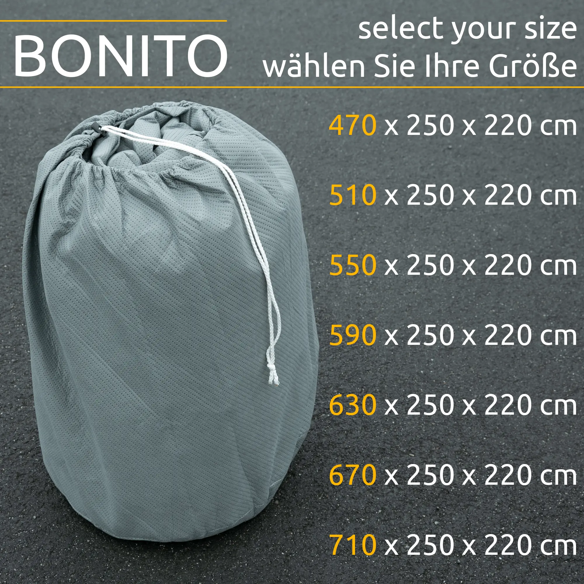 Grey your GEAR Bonito caravan cover for caravans 430-470 cm, shown packed in a drawstring bag. Available sizes listed from 470x250x220 cm up to 710x250x220 cm. Suitable for caravan protection.