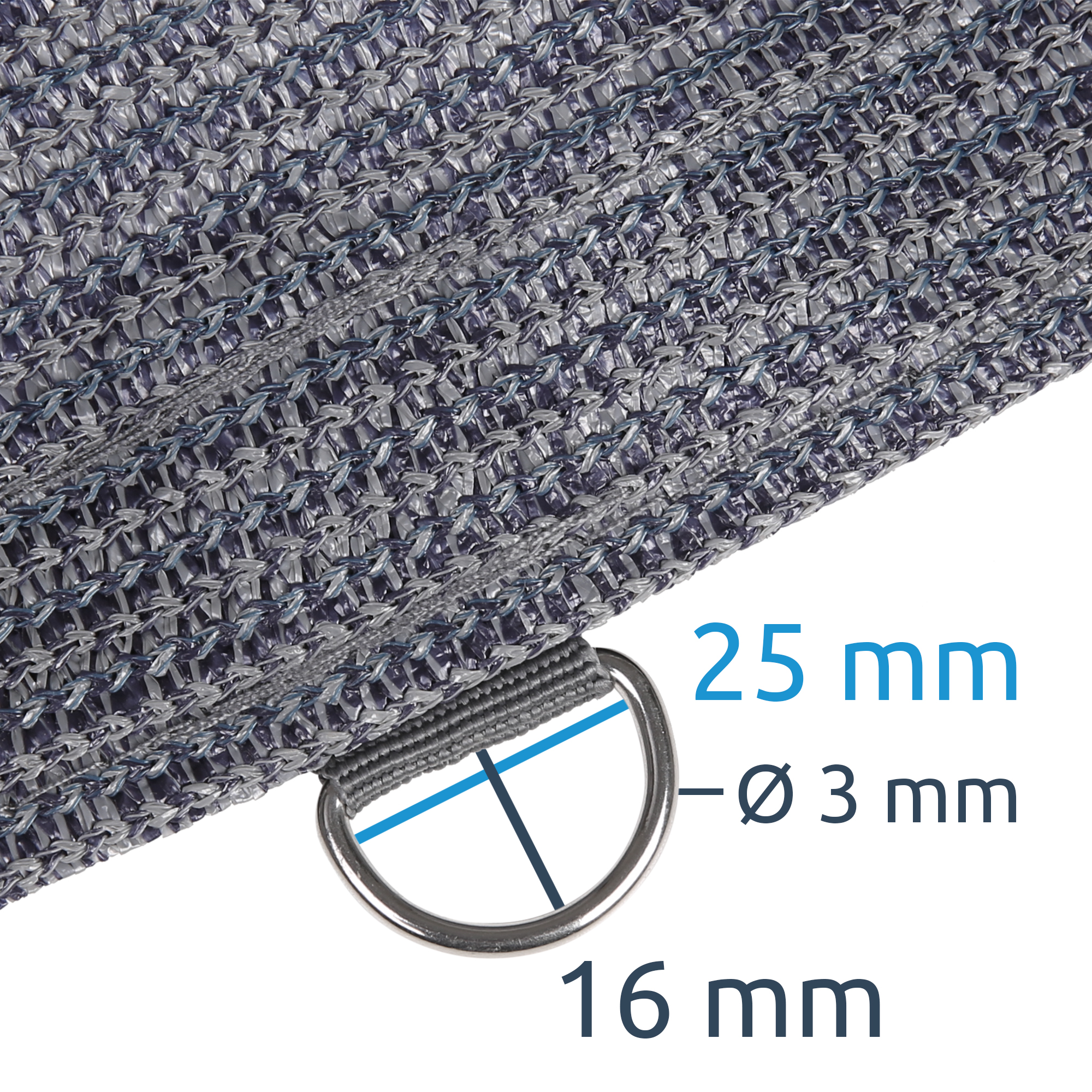 Gros plan sur le tapis de tente your GEAR Toskana 300x300 cm en HDPE gris bleu, avec détail du tissu respirant, anneau en D métallique robuste et dimensions indiquées de 25 mm et 16 mm.