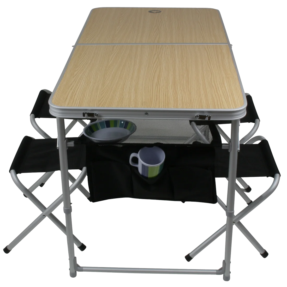 Table pliante de camping 10T pour 4 personnes avec plateau effet bois, structure en aluminium, quatre tabourets noirs pliables et pochettes de rangement sous la table, idéale pour pique-nique ou camping en famille.