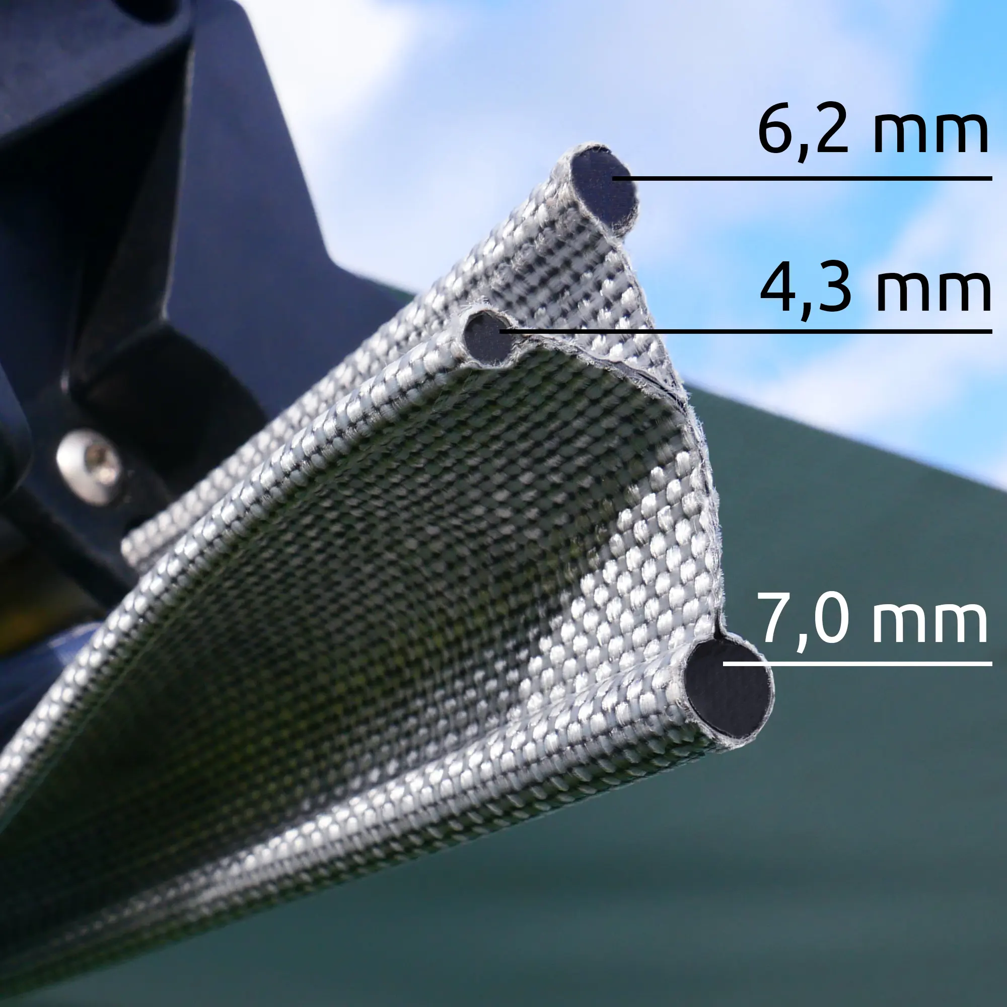 Vue rapprochée de la toile sun blocker your GEAR Capri avec trois gaines de 6,2 mm, 4,3 mm et 7,0 mm, adaptée aux rails de store pour camping-car, protection solaire et intimité, tissu résistant.