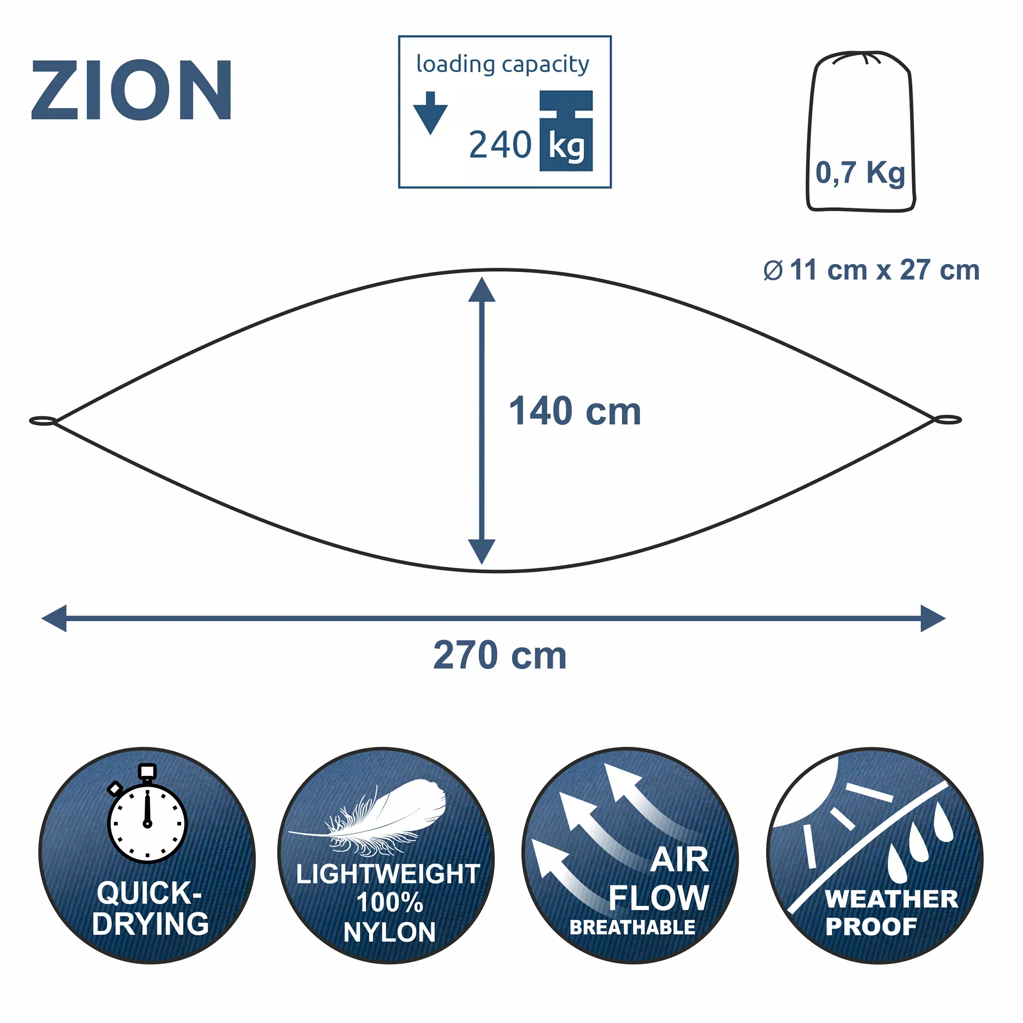 Hamac yourGEAR Zion bleu/gris, 270x140cm, nylon double couche, capacité 240kg, poids 0,7kg, compact, séchage rapide, respirant, imperméable, livré avec sac de transport, idéal intérieur/extérieur.