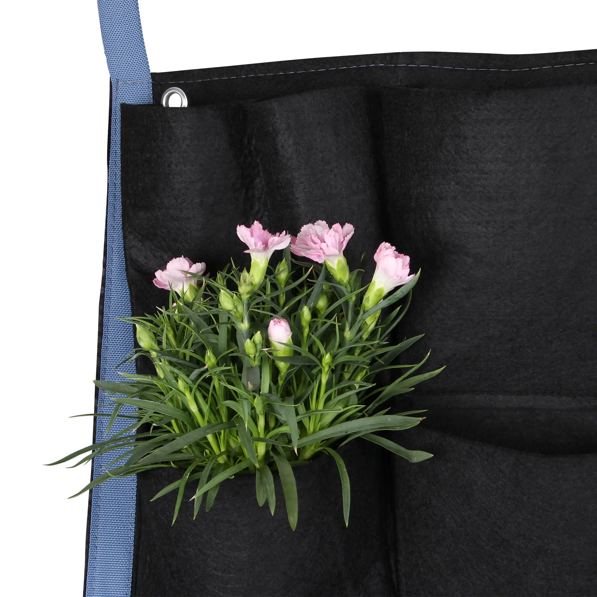 Bolsa de cultivo vertical yourGEAR Growbag con 36 bolsillos de fieltro negro, ideal para plantas y hierbas; muestra flores rosas plantadas en uno de los bolsillos, borde azul y ojal metálico para colgar.