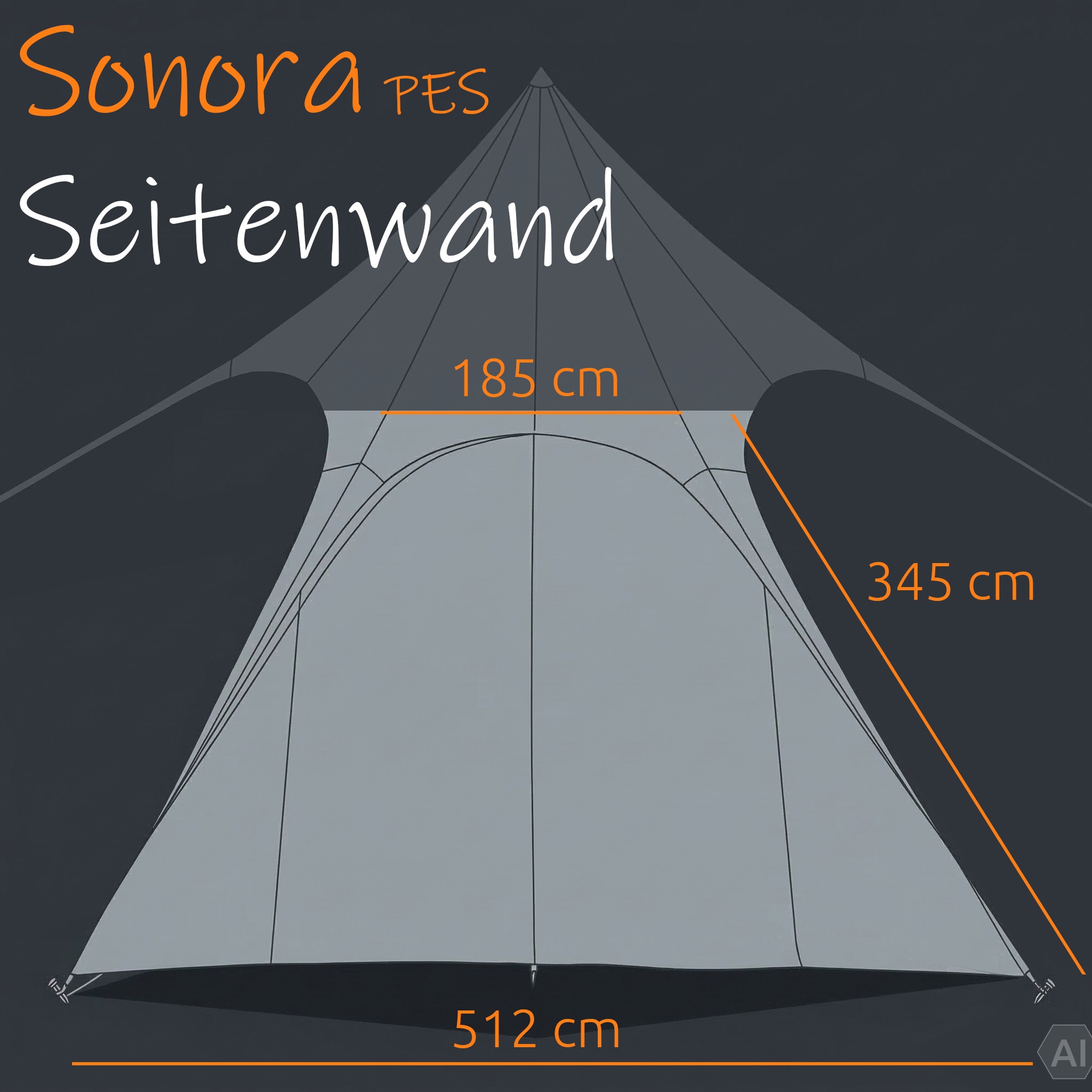 Gray Sonora PES sidewall for star-shaped pavilion, large curved panel with stitched seams and rounded doorway cutout, shows dimensions in orange (185 cm, 345 cm, 512 cm) for modular weather and sun protection.