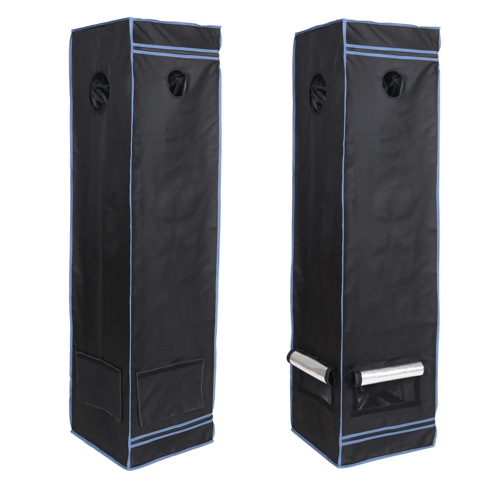 Growzelt yourGEAR Plantsville 40x40x160 cm, schwarzes Indoor Zuchtzelt mit blauen Nähten, runden Belüftungsöffnungen und Sichtfenster, geeignet als mobiles Gewächshaus für Pflanzenanzucht und Hydrokultur.