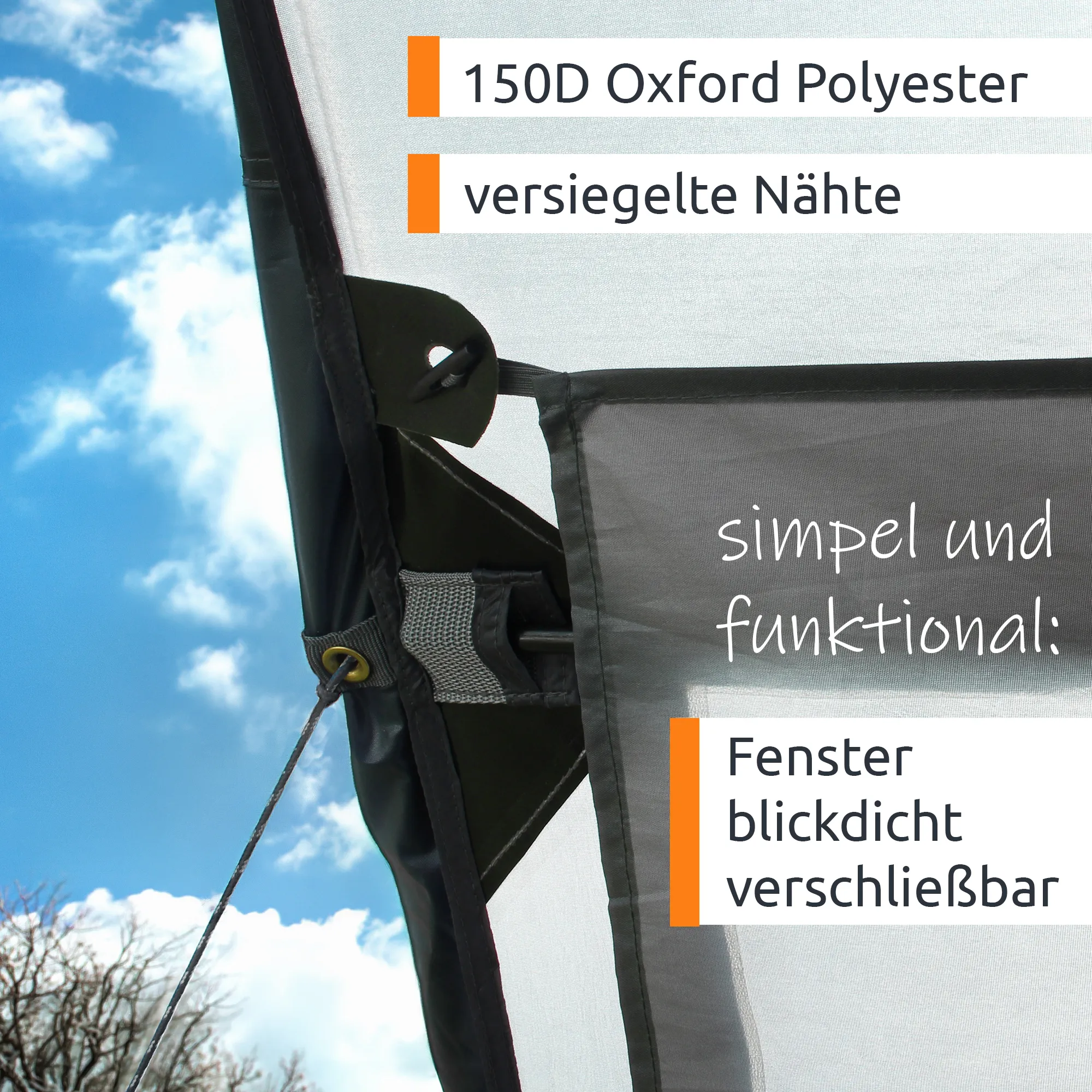 Dettaglio tenda da sole yourGEAR Riviera grigia 300x260 cm, tessuto Oxford 150D grigio chiaro con cuciture sigillate, bordo nero, occhiello e corda di ancoraggio, finestra oscurabile e tasca portarasta visibili.