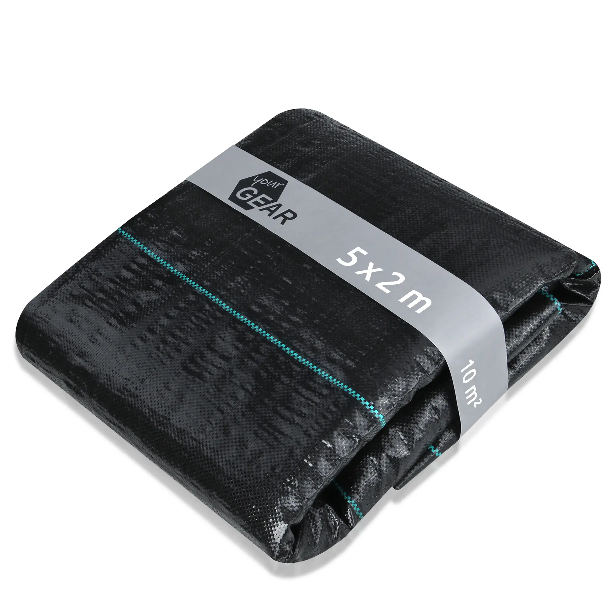 yourGEAR weed control fabric, 10 m² (5x2 m), black, tear-resistant, breathable and UV-stable, shown folded with product band, visible turquoise stitching, suitable for garden and landscaping use.