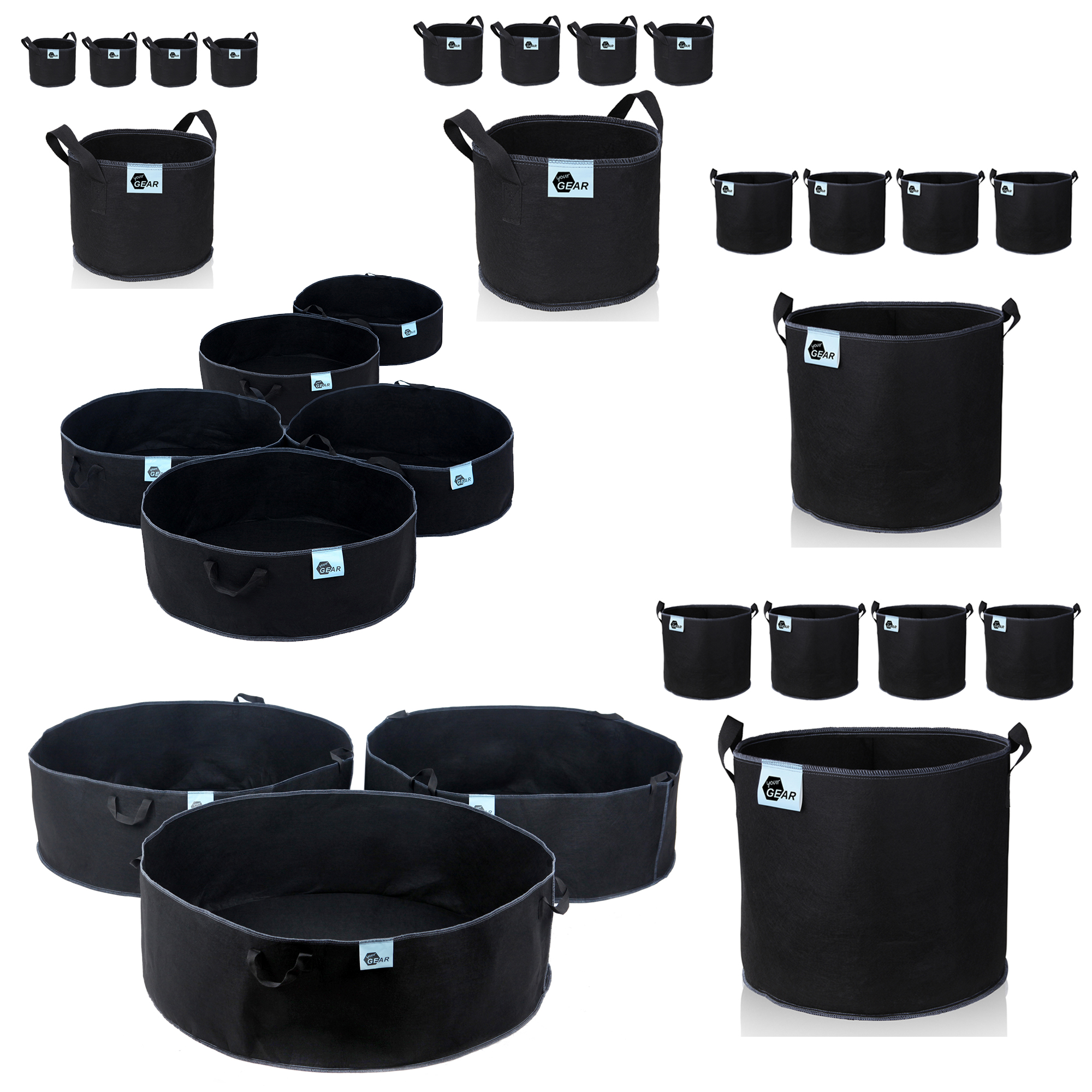 Set 5 yourGEAR Grow Bags 60L aus schwarzem Vliesstoff, rund, Ø 61x20 cm, mit stabilen Tragegriffen und aufgenähtem Logo, wiederverwendbare Pflanzsäcke für Garten und Balkon.