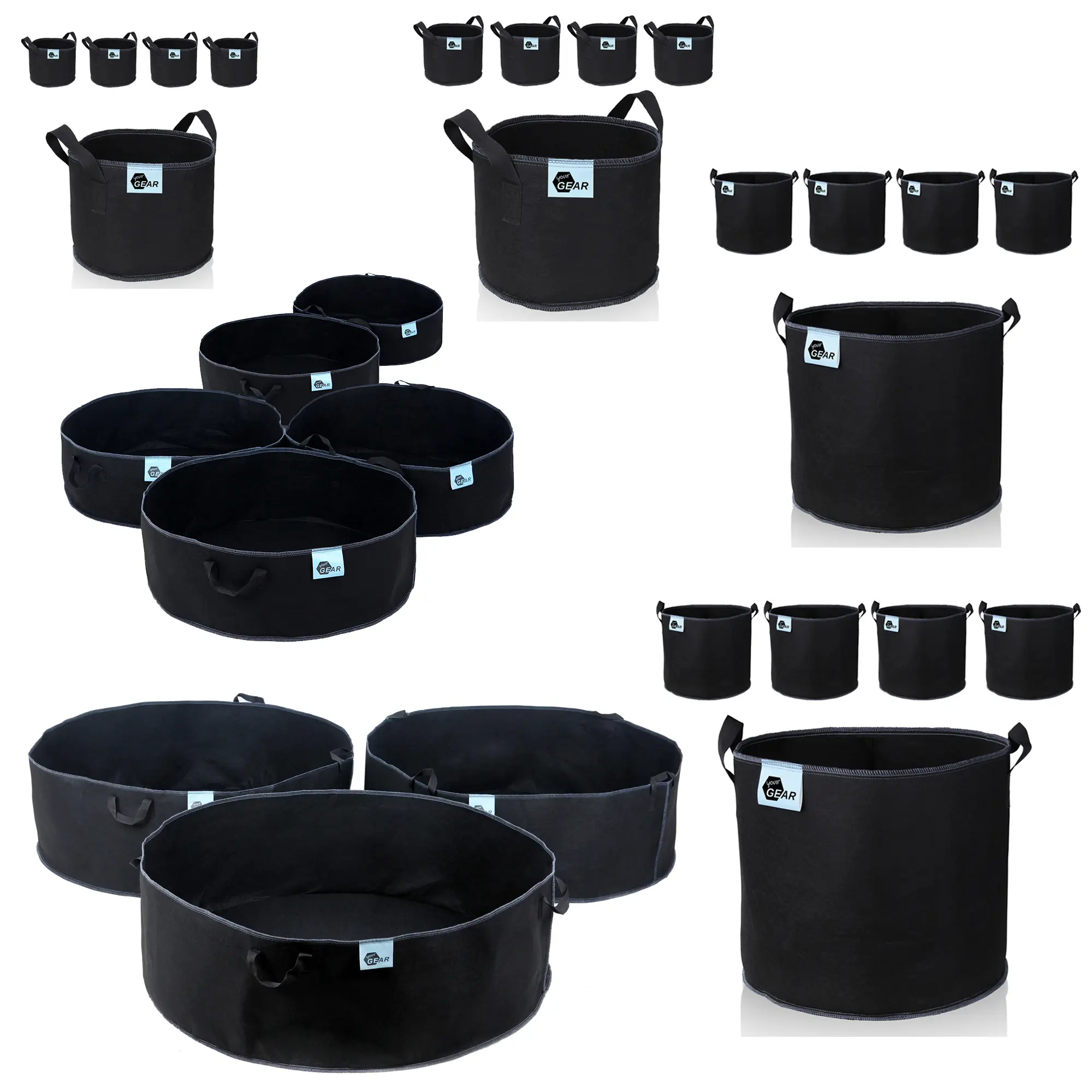 Set 5 yourGEAR Grow Bags 60L aus schwarzem Vliesstoff, rund, Ø 61x20 cm, mit stabilen Tragegriffen und aufgenähtem Logo, wiederverwendbare Pflanzsäcke für Garten und Balkon.