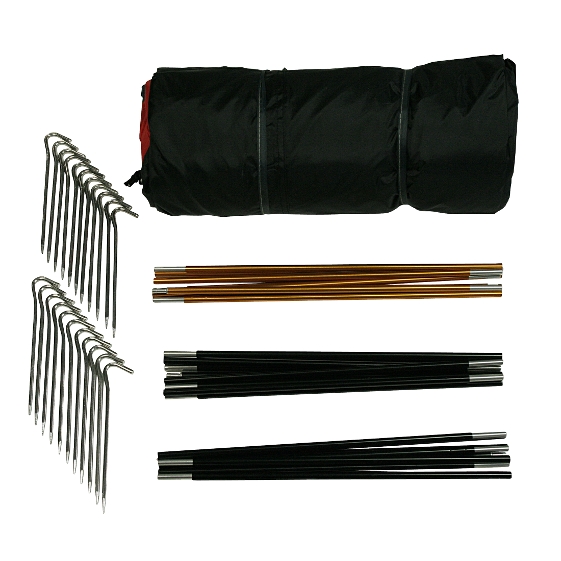 Set 10T Zelt Silicone Valley 3 Mann: zusammengerolltes Trekkingzelt, silberne Heringe, orange und schwarze Gestänge. Wasserdichtes, leichtes Campingzelt, ideal für Outdoor- und Motorradtouren.