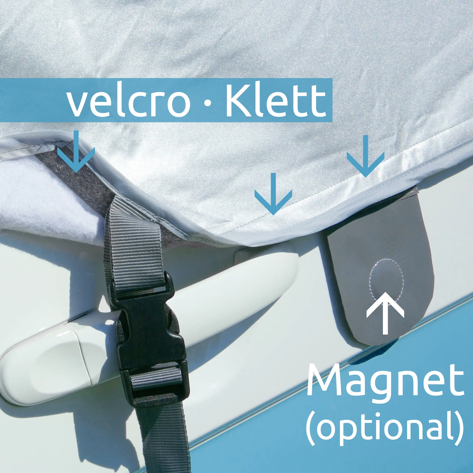 Sonnenschutzmatte your GEAR Brindisi Plus für Wohnmobile, gezeigt mit Klettverschluss, Magnetbefestigung (optional) und Gurt, passend für Fiat Ducato, Citroën Jumper und Peugeot Boxer ab 2014.