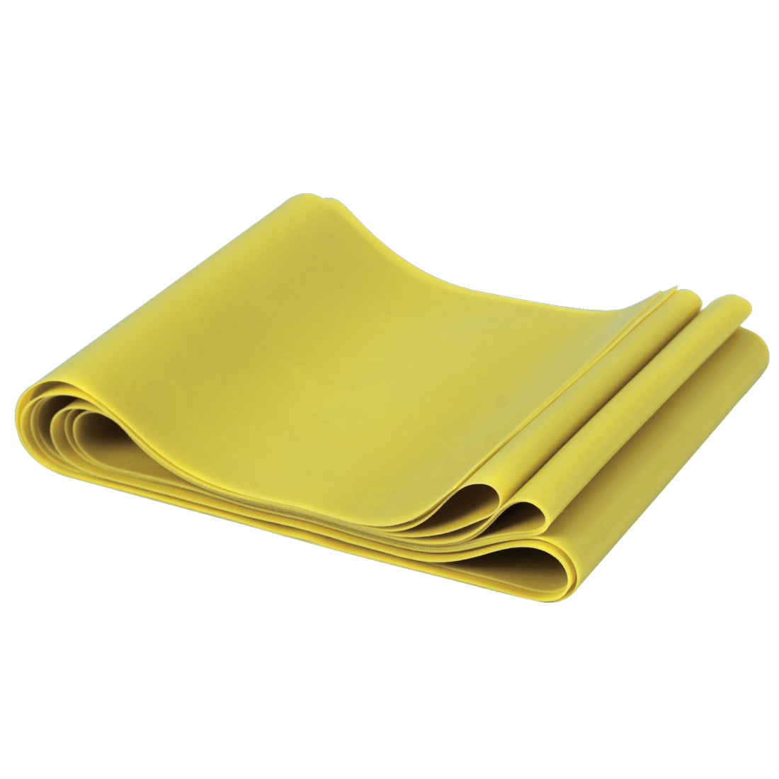 Gelbes Spirit Fitnessband aus latexfreiem Material, 183x10 cm, 9 kg Widerstand, gefaltet dargestellt. Ideal für vielseitiges Kraft- und Rehatraining von Rücken, Schultern, Bauch, Brust, Beinen und Po.