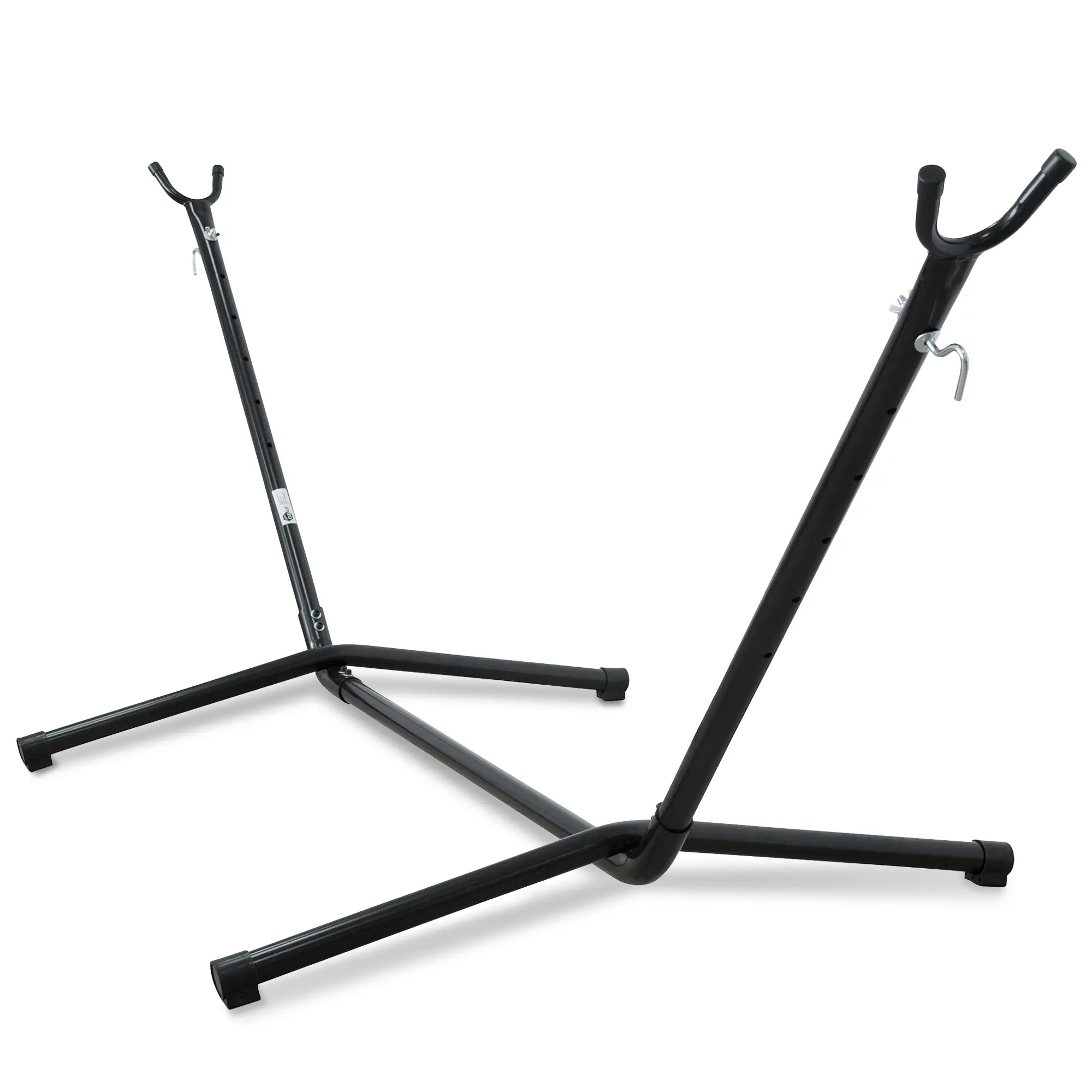 Sturdy yourGEAR hammock stand in dark grey, made of weatherproof metal tubes, adjustable for hammocks 260-350cm, supports up to 350kg, with plastic caps on feet for stability and rust protection.