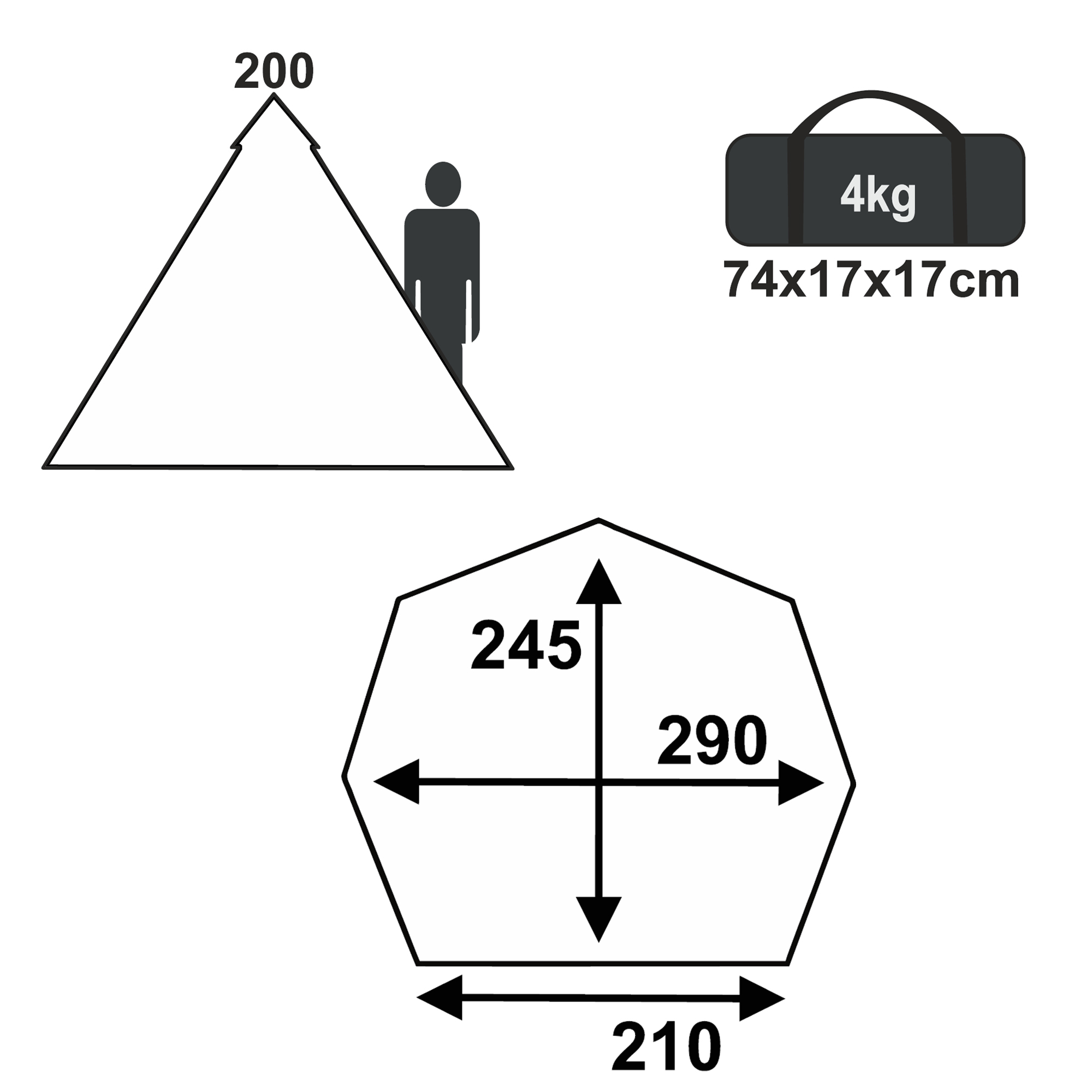 Diagram showing the your GEAR Lido 290 tipi tent for 3 people: 200 cm peak height, 290x245x210 cm floor dimensions, packed size 74x17x17 cm, weight 4 kg. Suitable for camping, waterproof, with insect protection.