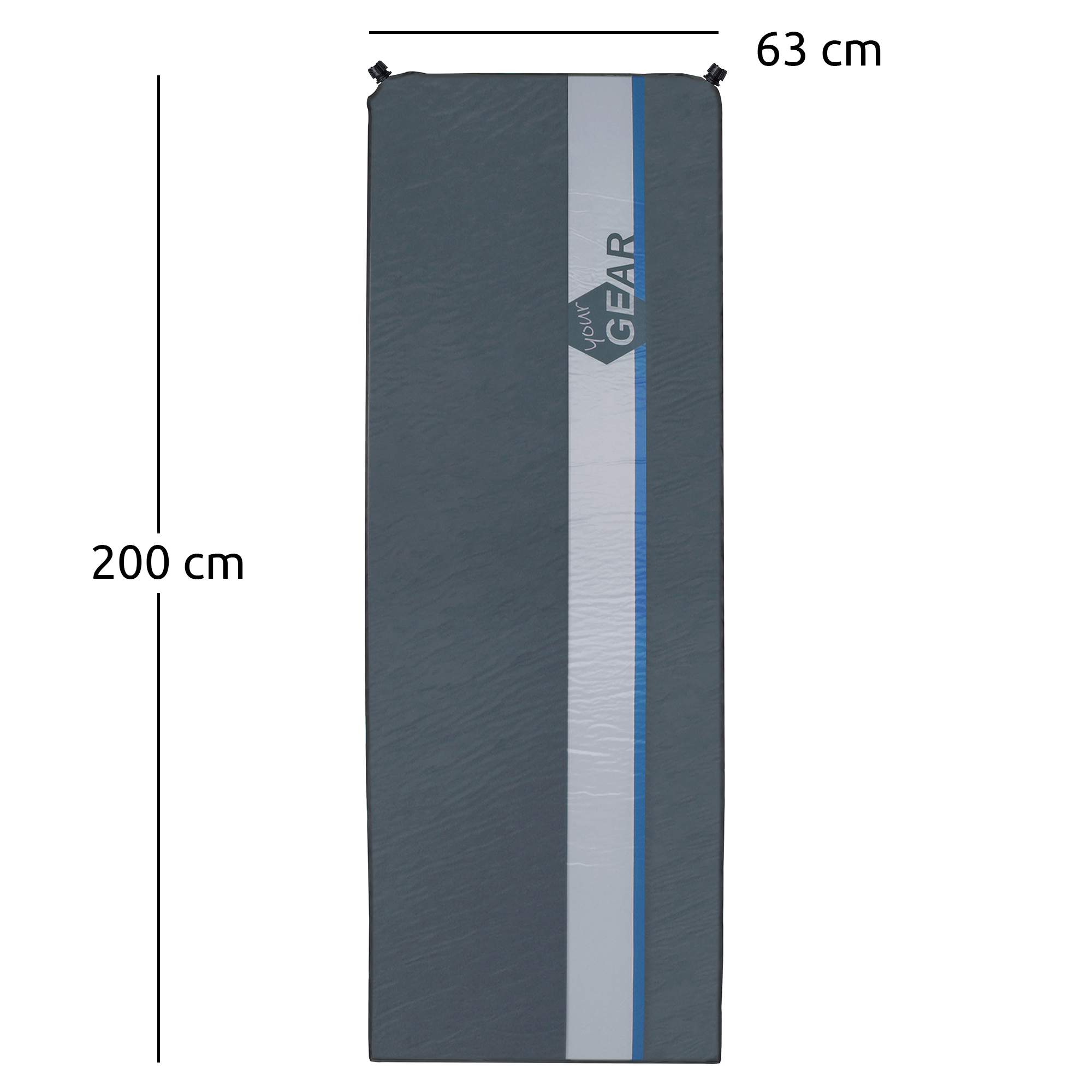Self-inflating sleeping mat your GEAR ISO 1000, dark grey with blue and light grey stripes, size 200x63 cm, rectangular shape, visible valves at the top, waterproof surface, ideal for camping.