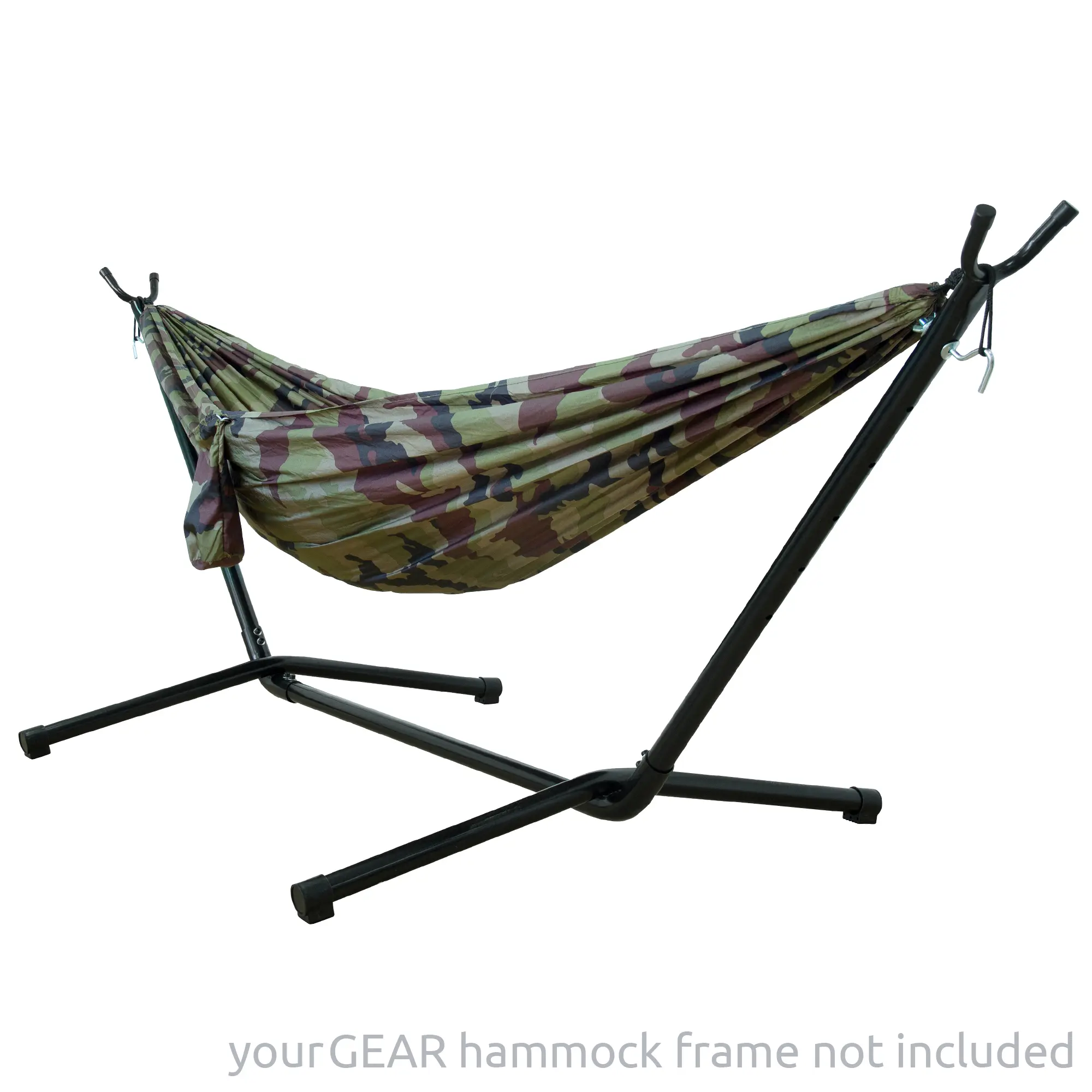 Hamac yourGEAR Katmai ultra-léger 270x140 cm en nylon camouflage, capacité 240 kg, tissu résistant 60g/m², sans support, idéal pour intérieur et extérieur.
