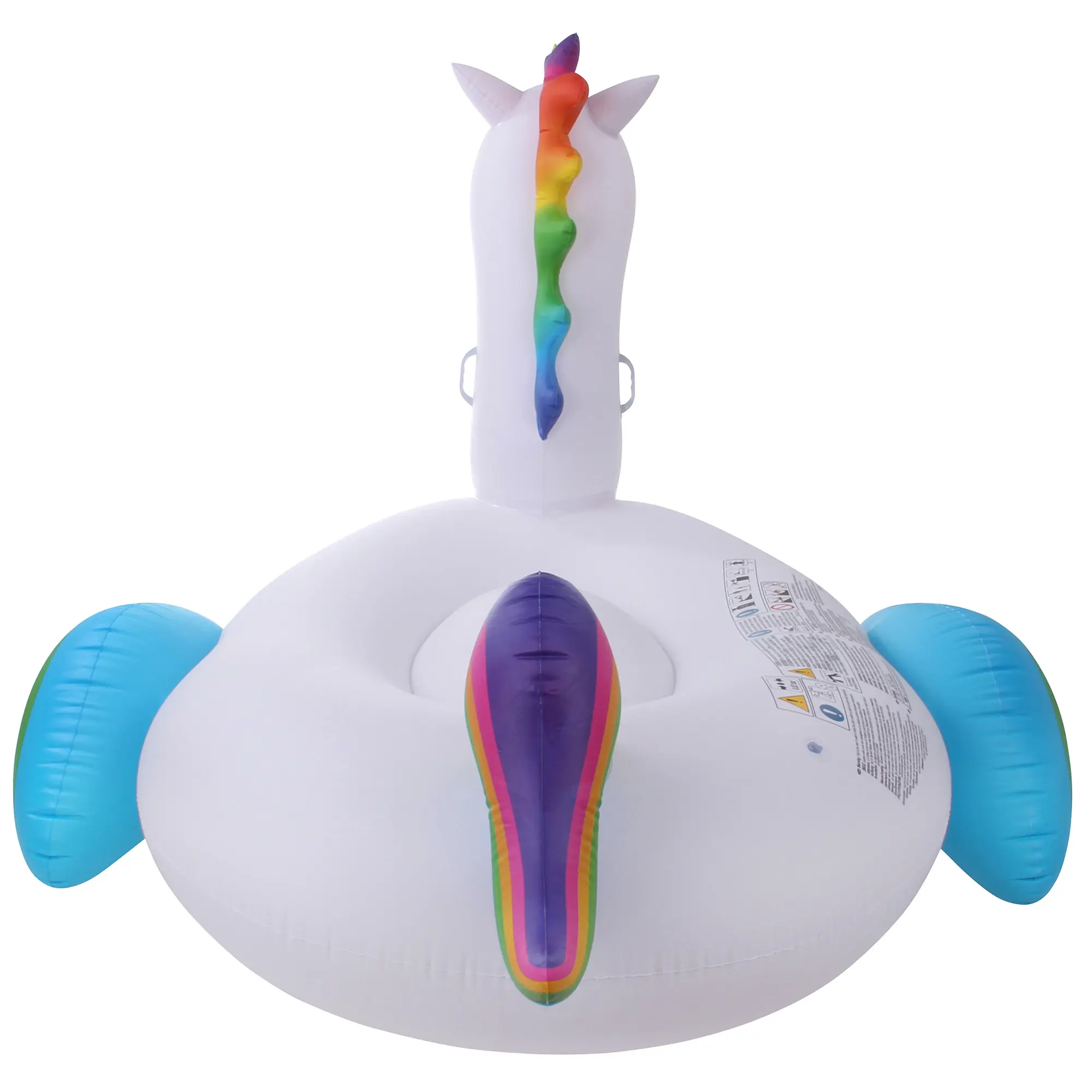 Unicorno gonfiabile XXL Jilong per piscina, bianco con criniera e coda arcobaleno, due maniglie laterali e dettagli azzurri sulle ali. Ideale per adulti e bambini. Dimensioni 220x160x120 cm.