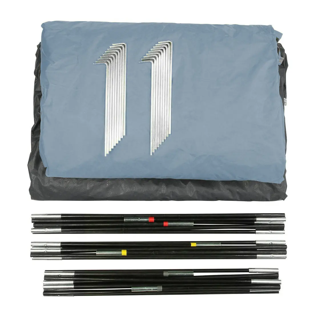 Zeltzubehör für das 10T Mandiga Arona 5 Mann Tunnelzelt: gefaltete Zeltplane in Blau/Grau, mehrere Heringe aus Metall sowie drei farblich markierte Gestängebündel für einfachen Aufbau.